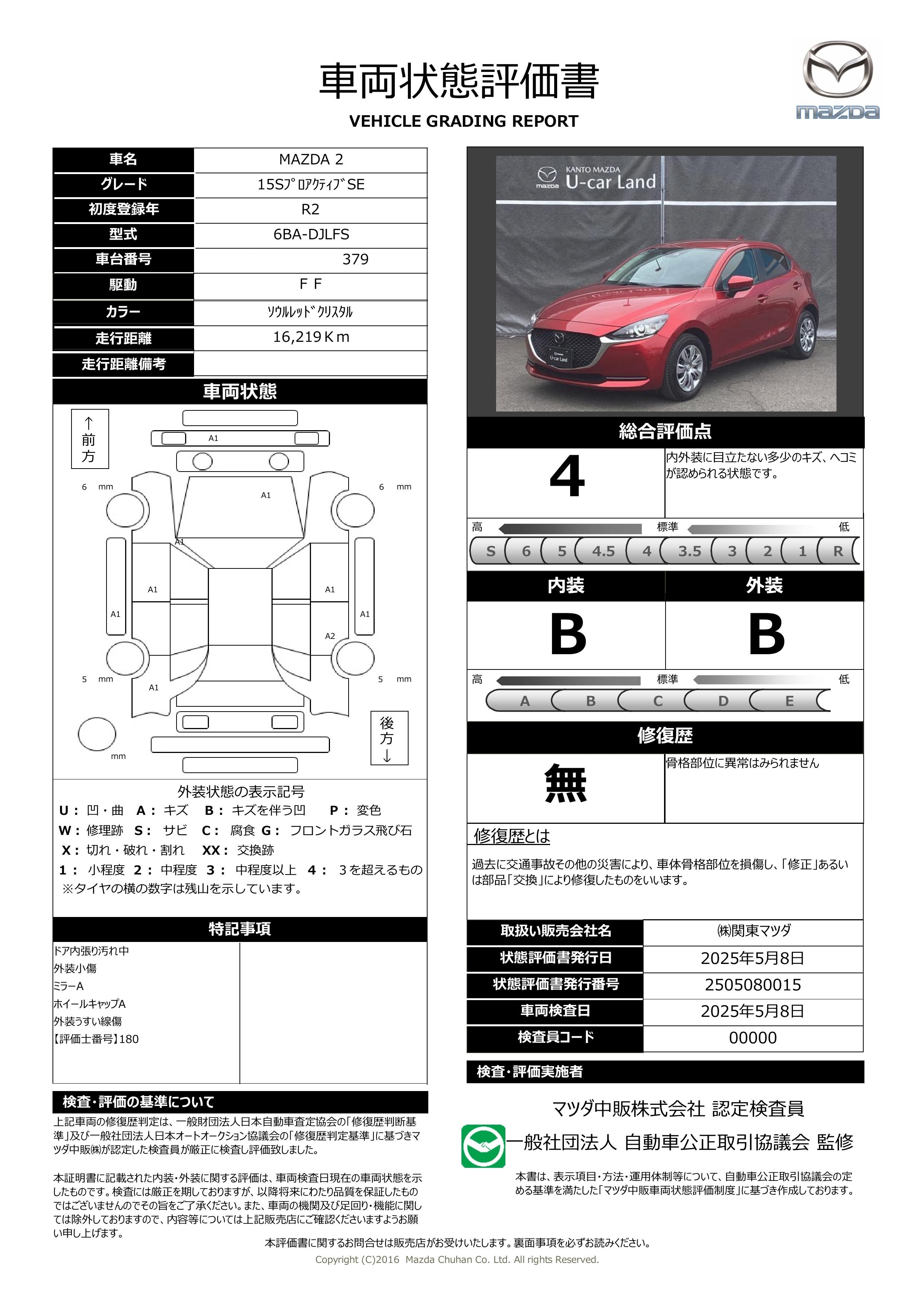【MAZDA2　1.5 15S プロアクティブ スマート エディション2WD 地デジ 360℃ビュー　371qd012】の車両評価書｜関東マツダ　U-CAR NET ユーカーネット
