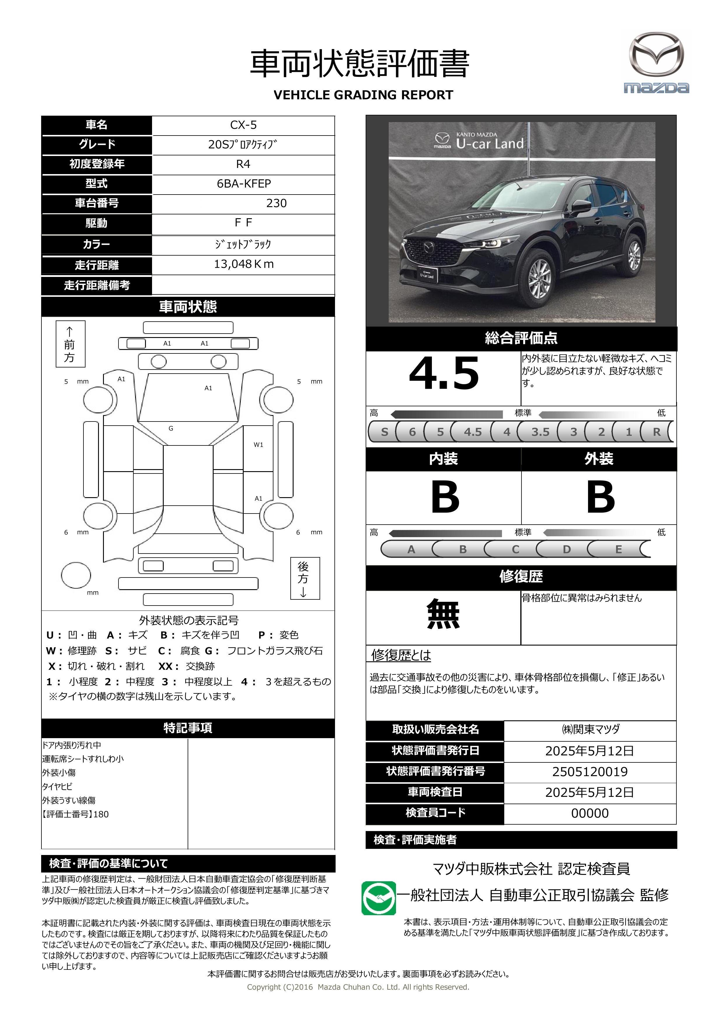 【CX-5　2.0 20S プロアクティブ2WD 地デジ １０．２５インチディスプレイ　371qd015】の車両評価書｜関東マツダ　U-CAR NET ユーカーネット