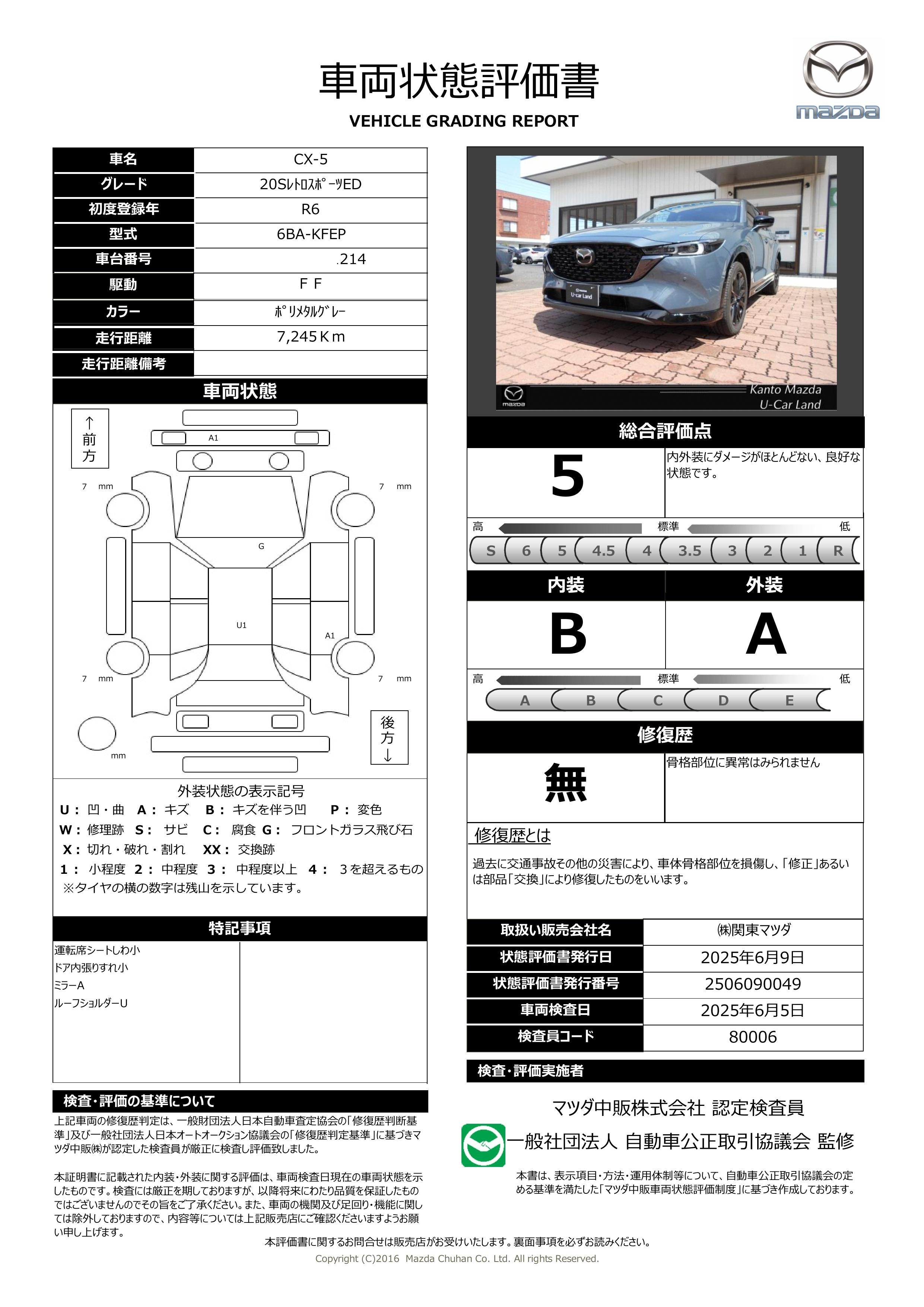 【CX-5　2.0 20S レトロスポーツエディション2WD BOSE 当社デモアップ　371qd016】の車両評価書｜関東マツダ　U-CAR NET ユーカーネット