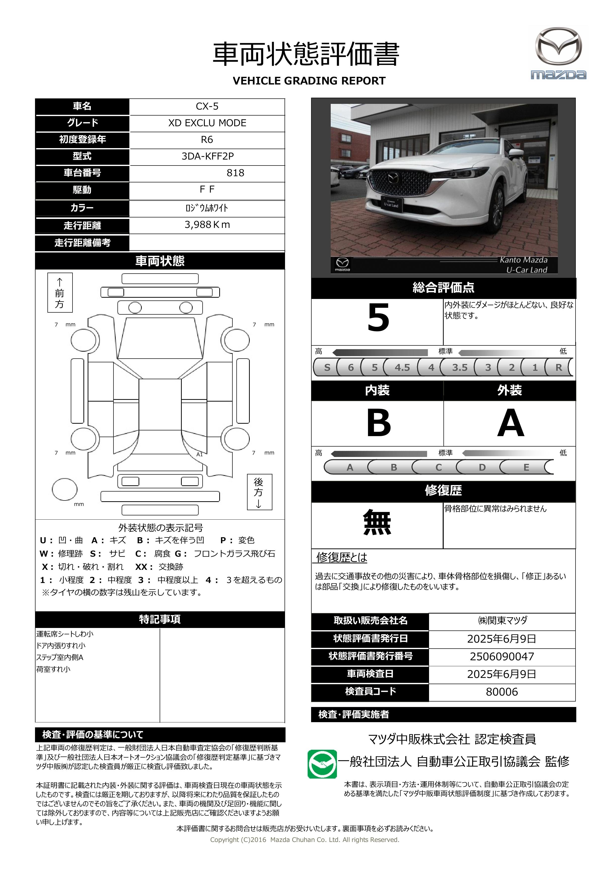 【CX-5　2.2 XD エクスクルーシブ モード 2WD 当社デモアップ　371qe007】の車両評価書｜関東マツダ　U-CAR NET ユーカーネット
