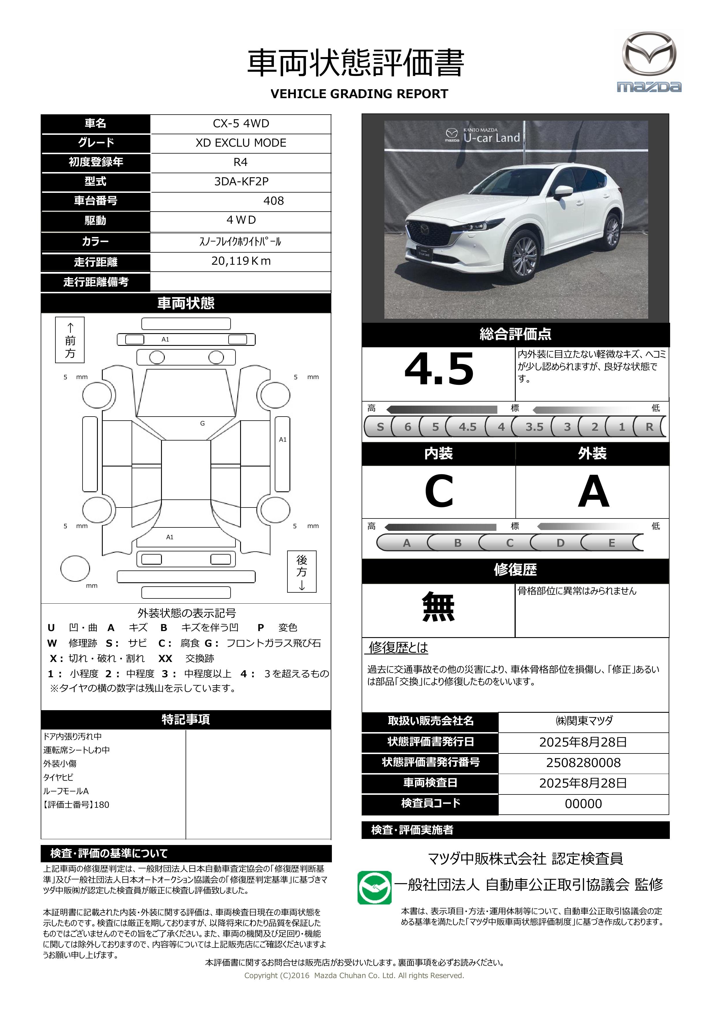 【CX-5　2.2 XD エクスクルーシブ モード  4WD 電動ガラスサンルーフ BOSE　371qh003】の車両評価書｜関東マツダ　U-CAR NET ユーカーネット