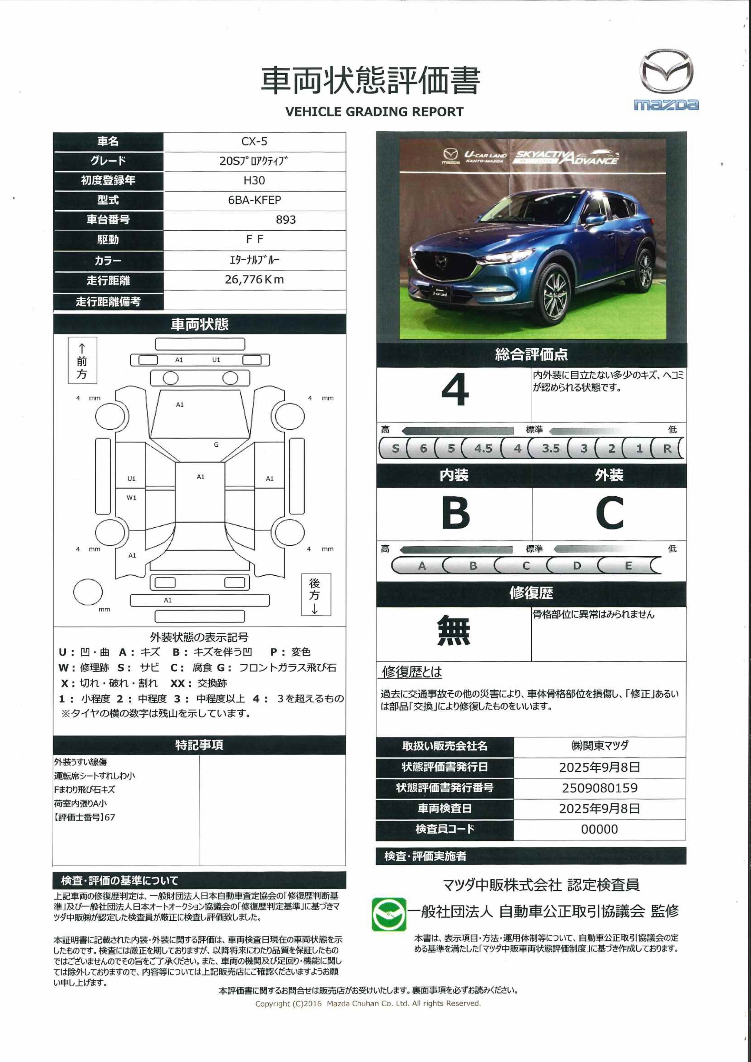 【CX-5　2.0 20S プロアクティブ2WD 地デジ 360℃ビューモニター　371qi001】の車両評価書｜関東マツダ　U-CAR NET ユーカーネット