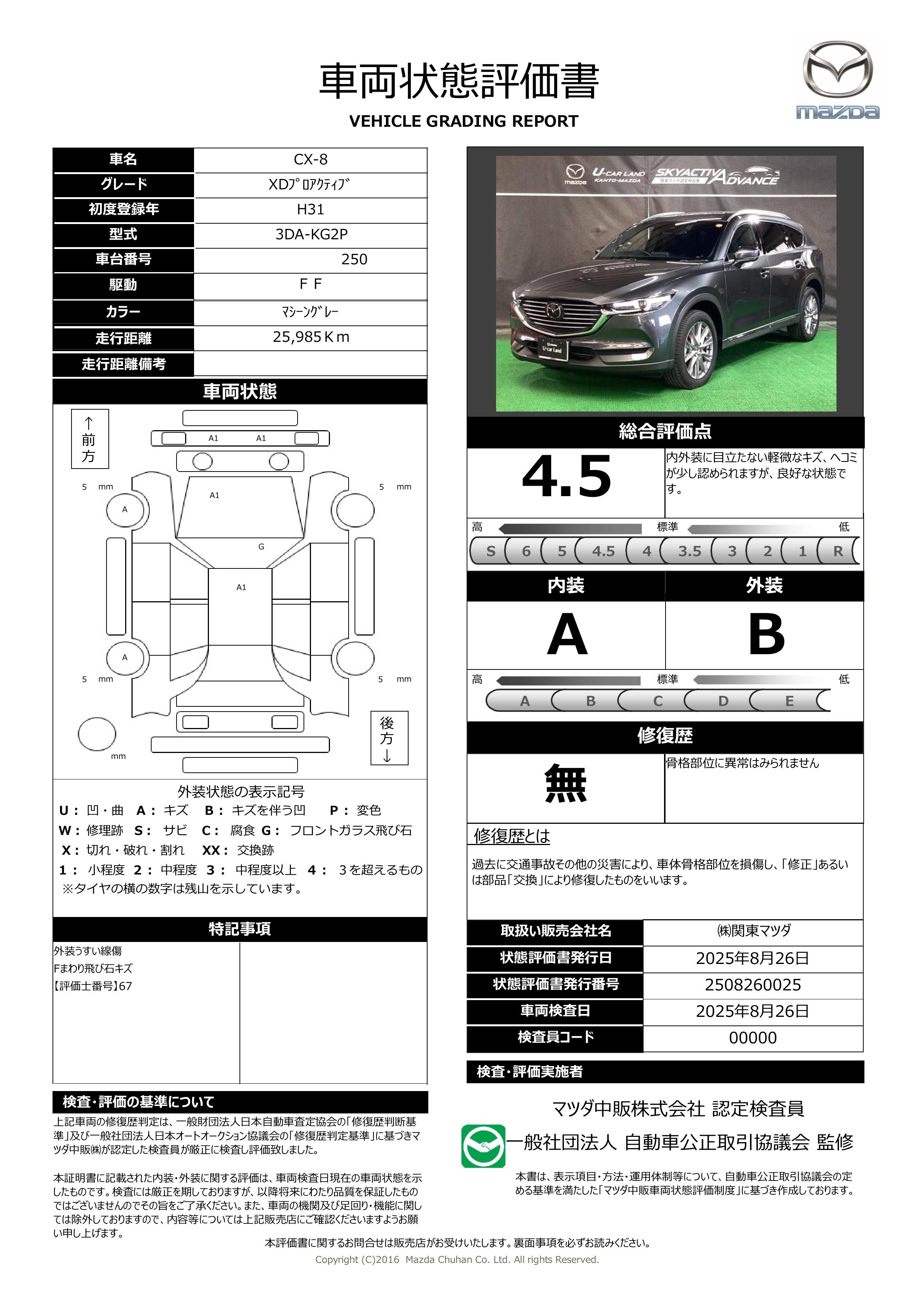 【CX-8　2.2 XD プロアクティブ　2WD 7人乗り パワーリフトゲート BOSE　371qi007】の車両評価書｜関東マツダ　U-CAR NET ユーカーネット