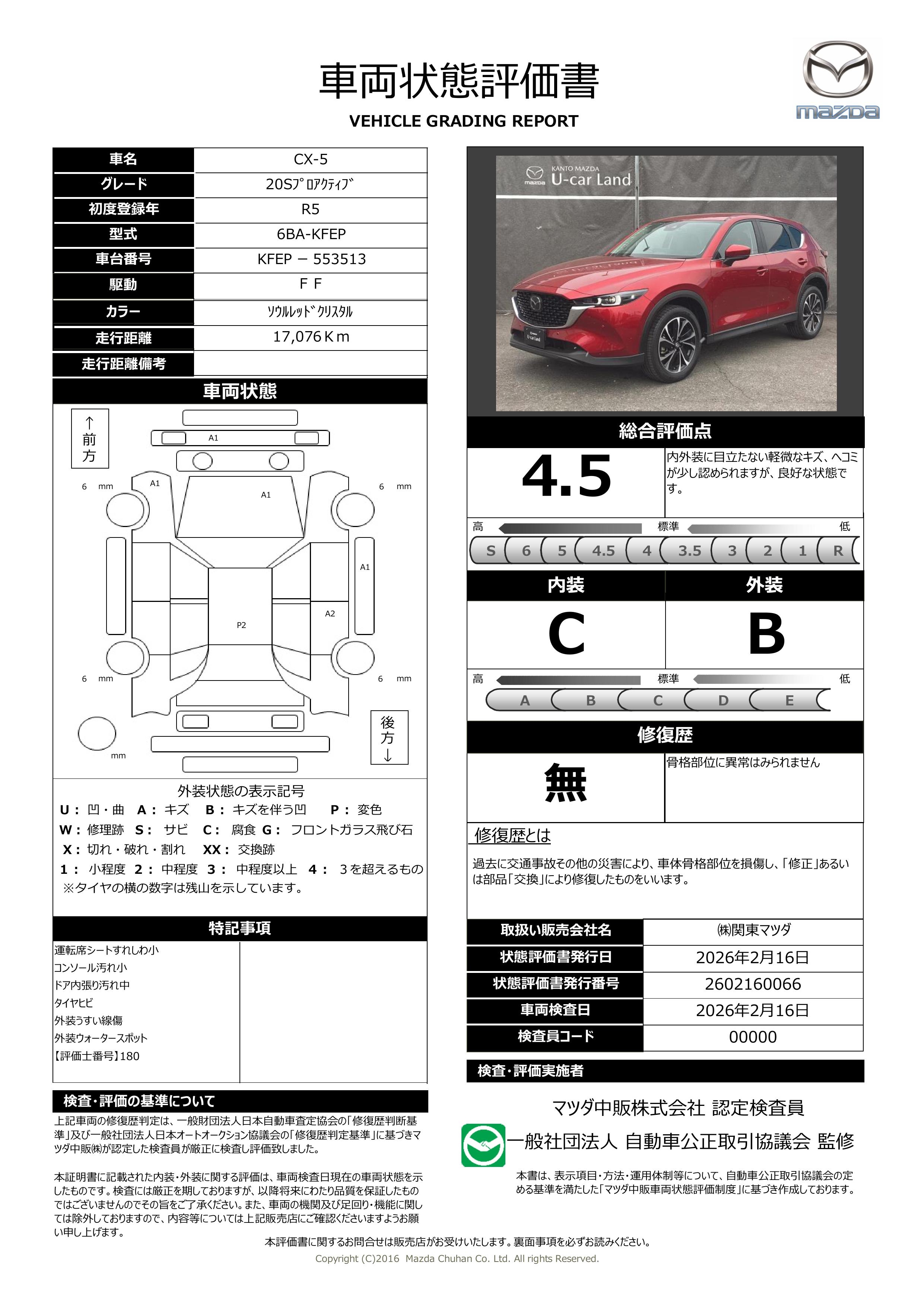 【CX-5　2.0 20S プロアクティブ 2WD 地デジ 10.25インチディスプレイ  19AW　371rb002】の車両評価書｜関東マツダ　U-CAR NET ユーカーネット