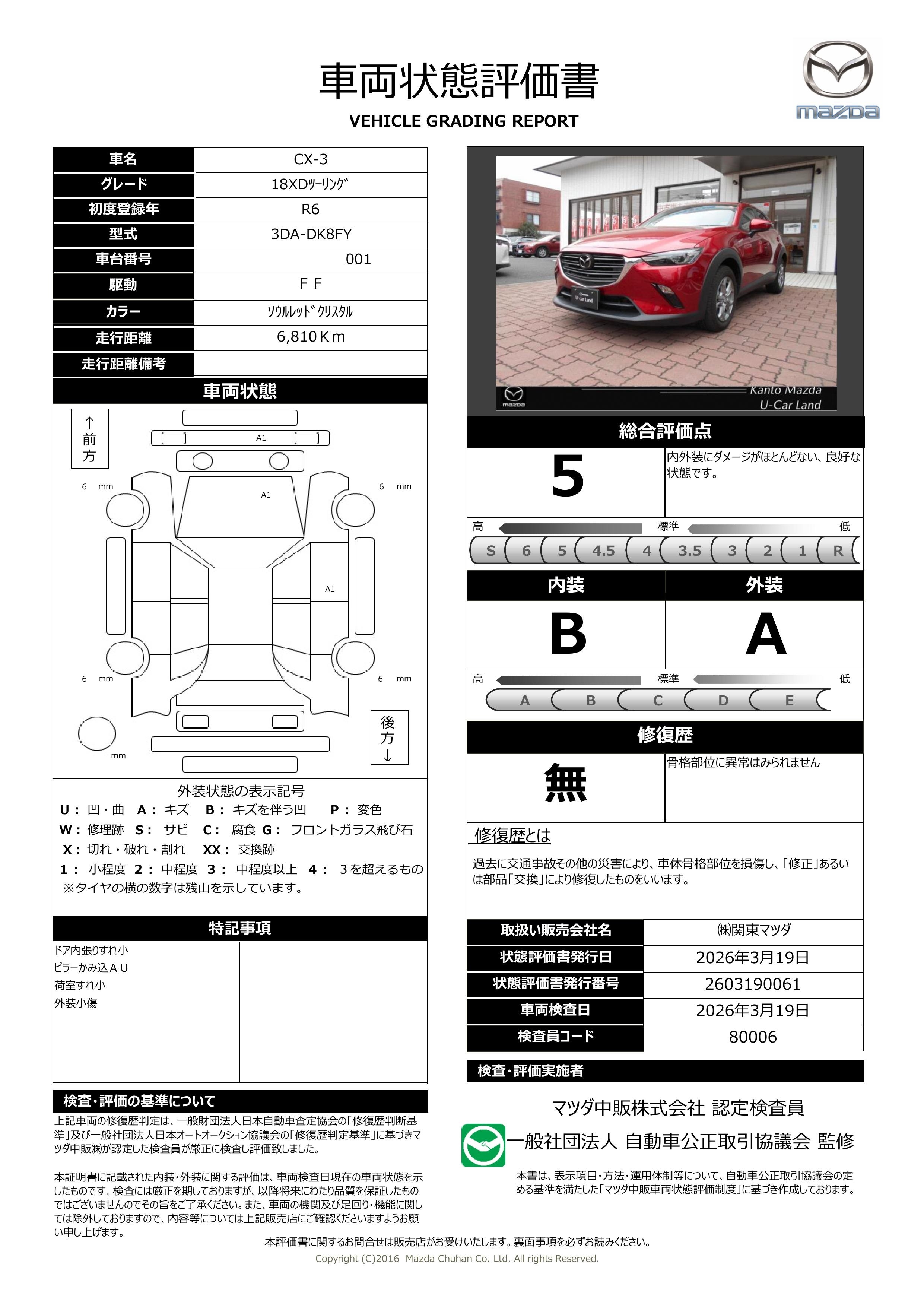 【CX-3　1.8 XD ツーリング  2WD 地デジ 360℃ビューモニター 当社デモアップ　371rc005】の車両評価書｜関東マツダ　U-CAR NET ユーカーネット