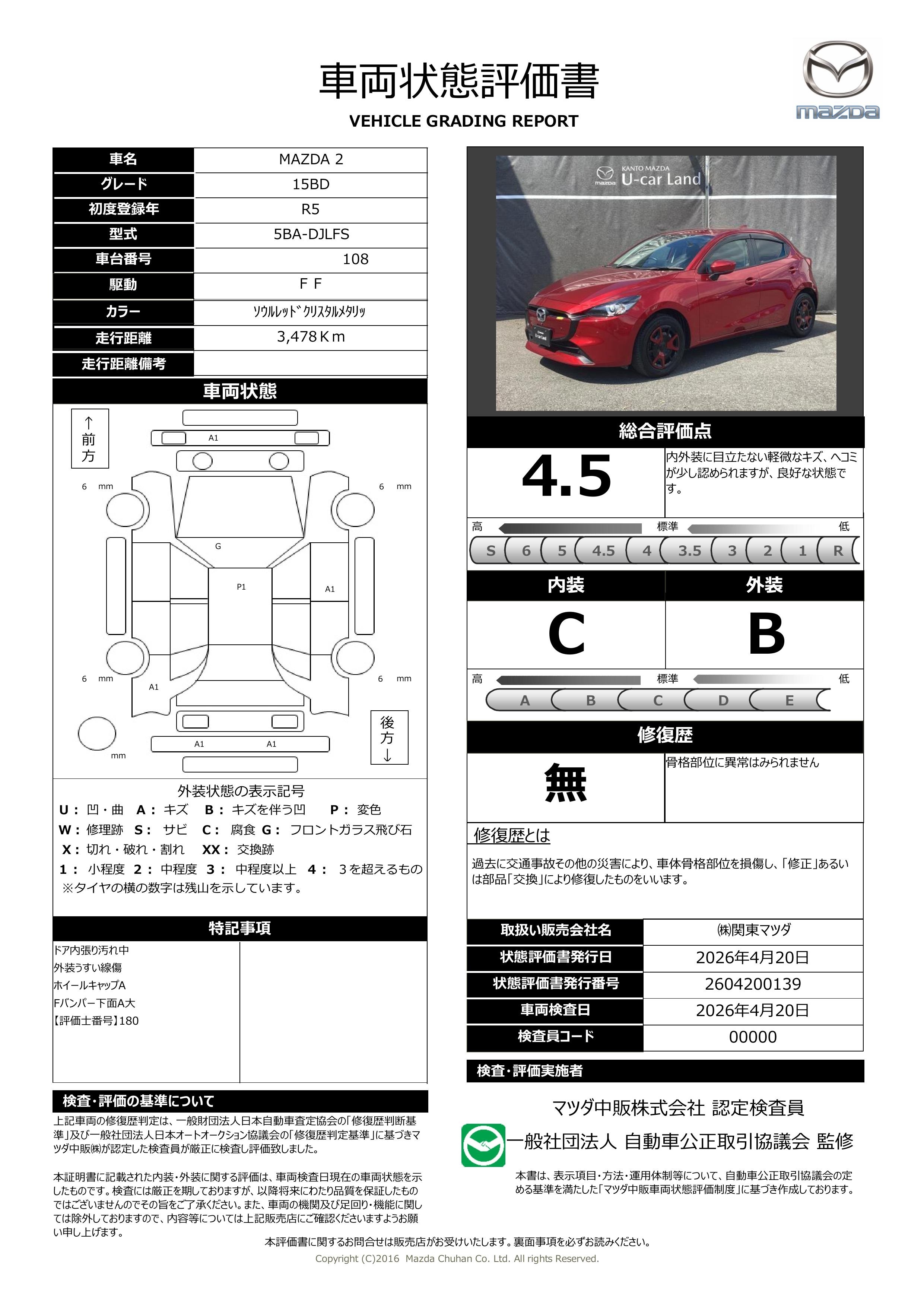 【MAZDA2　1.5 15BD 2WD 360℃セーフティパッケージ CD/DVD+地デジ　371rd005】の車両評価書｜関東マツダ　U-CAR NET ユーカーネット