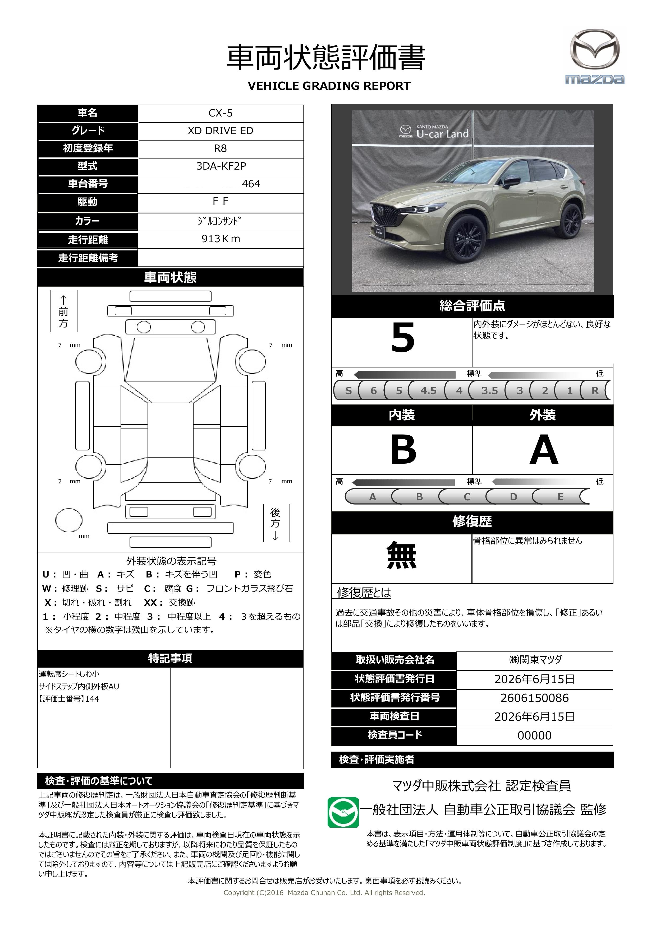 【CX-5　2.2 XD ドライブ エディション  2WD 当社デモアップ　371rf002】の車両評価書｜関東マツダ　U-CAR NET ユーカーネット