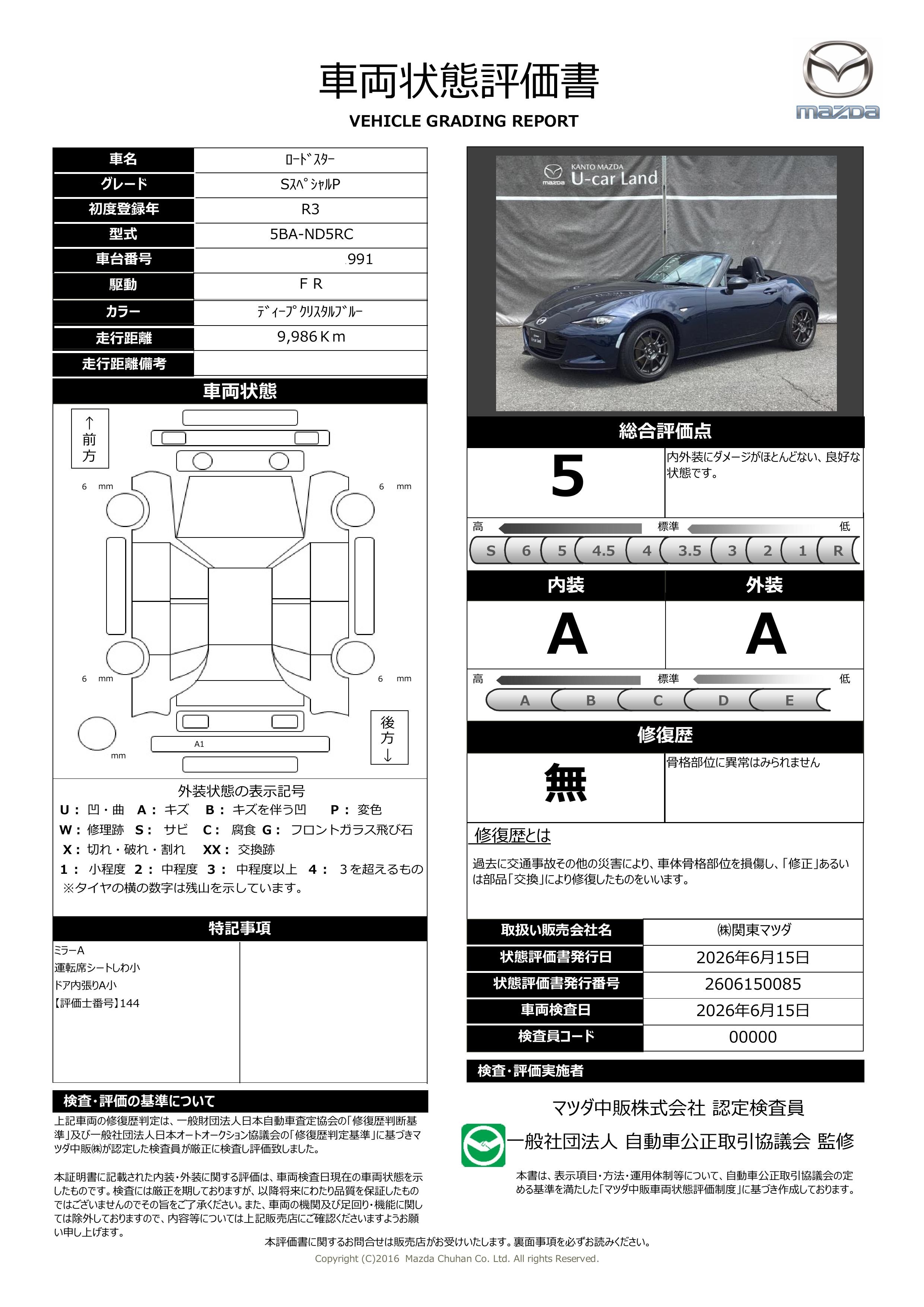 【ロードスター　1.5 S スペシャルパッケージ地デジ BOSE セーフティパッケージ　371rf003】の車両評価書｜関東マツダ　U-CAR NET ユーカーネット
