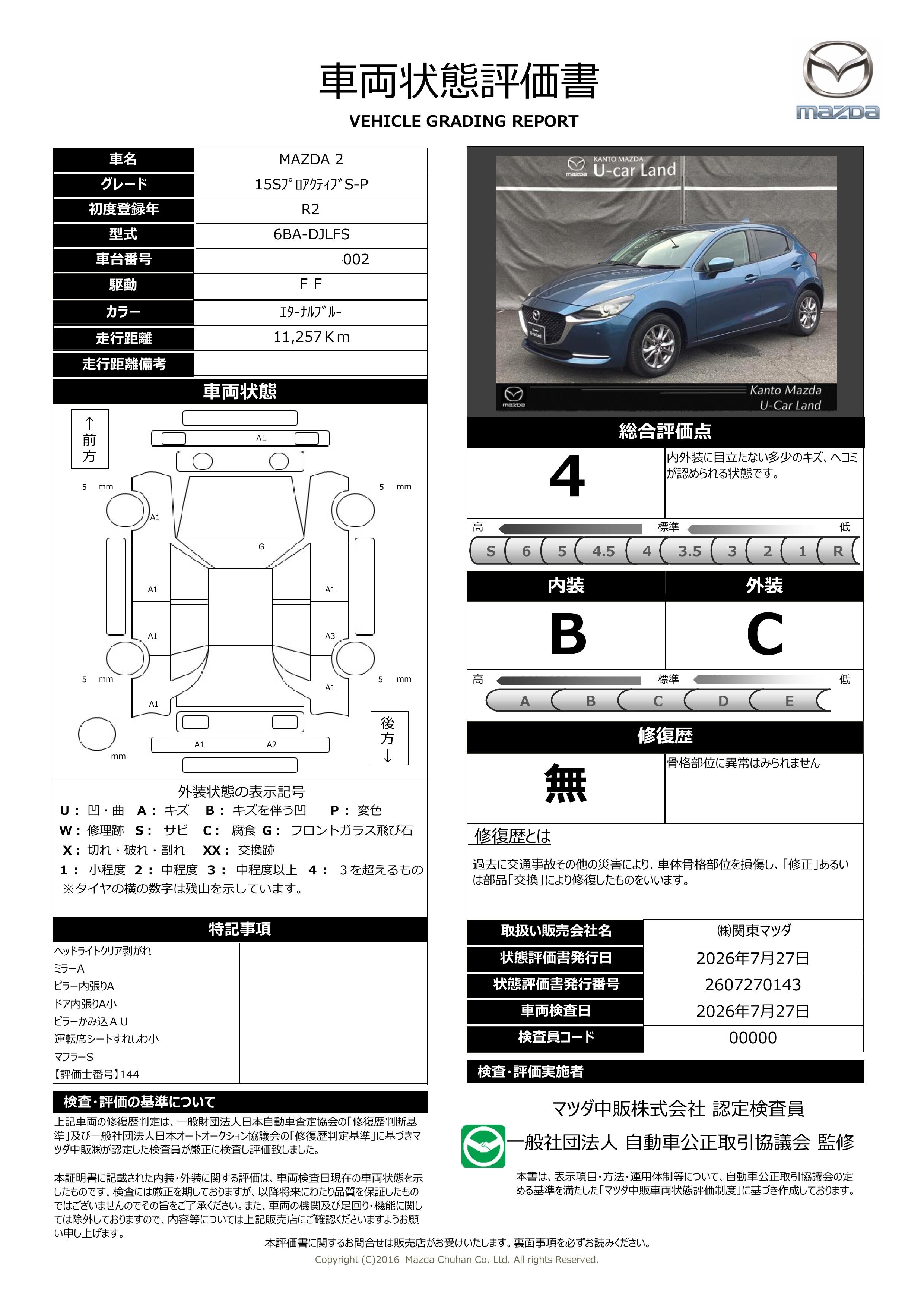 【MAZDA2　1.5 15S プロアクティブ Sパッケージ 2WD 地デジ 360℃ビューモニター　371rg003】の車両評価書｜関東マツダ　U-CAR NET ユーカーネット