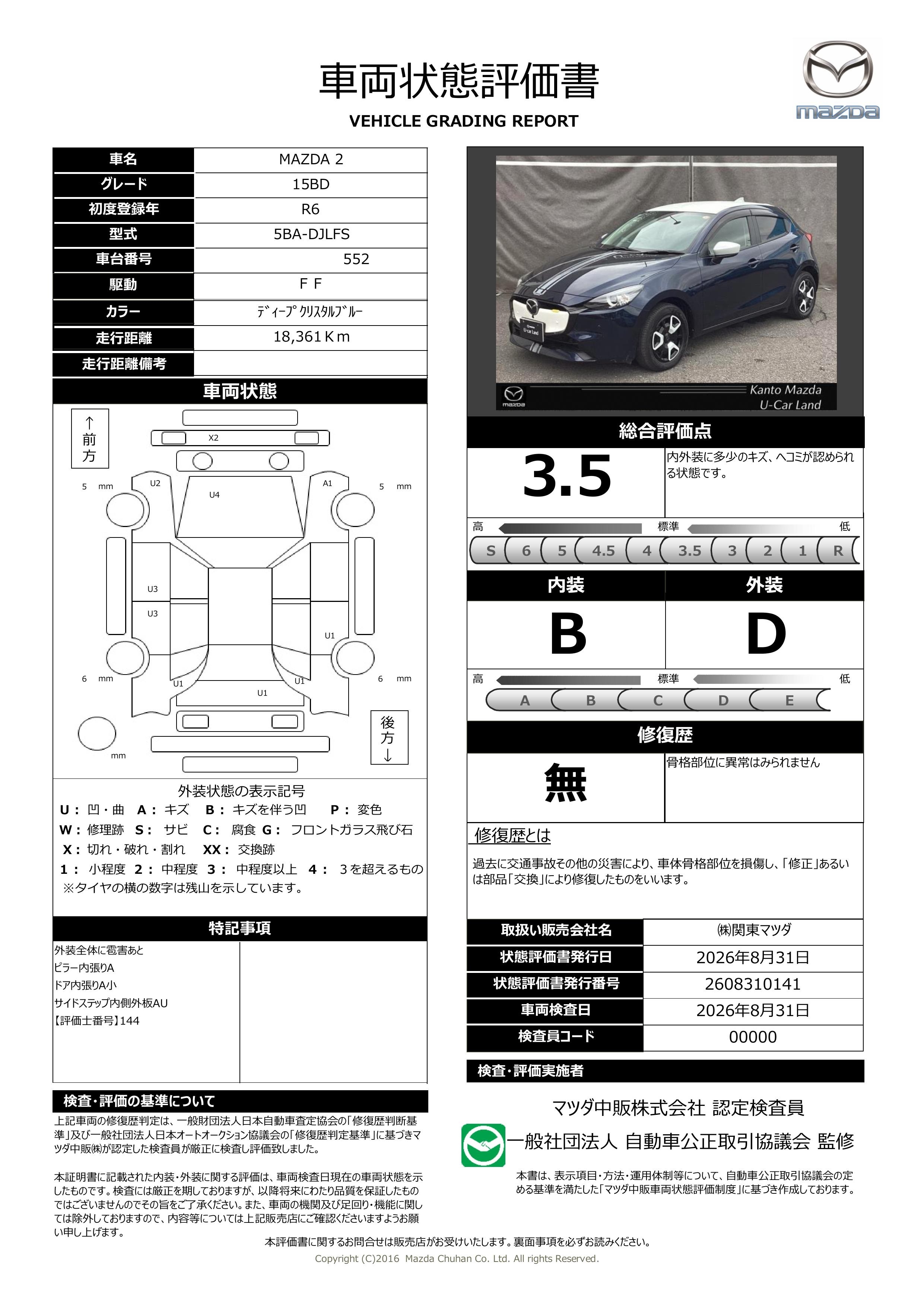 【MAZDA2　1.5 15BD雹害車　8.8インチマツダコネクト　 360°モニター ALH MRCC パーキングセンサー  車線逸脱警報装置 レーンキープアシスト　371rh016】の車両評価書｜関東マツダ　U-CAR NET ユーカーネット