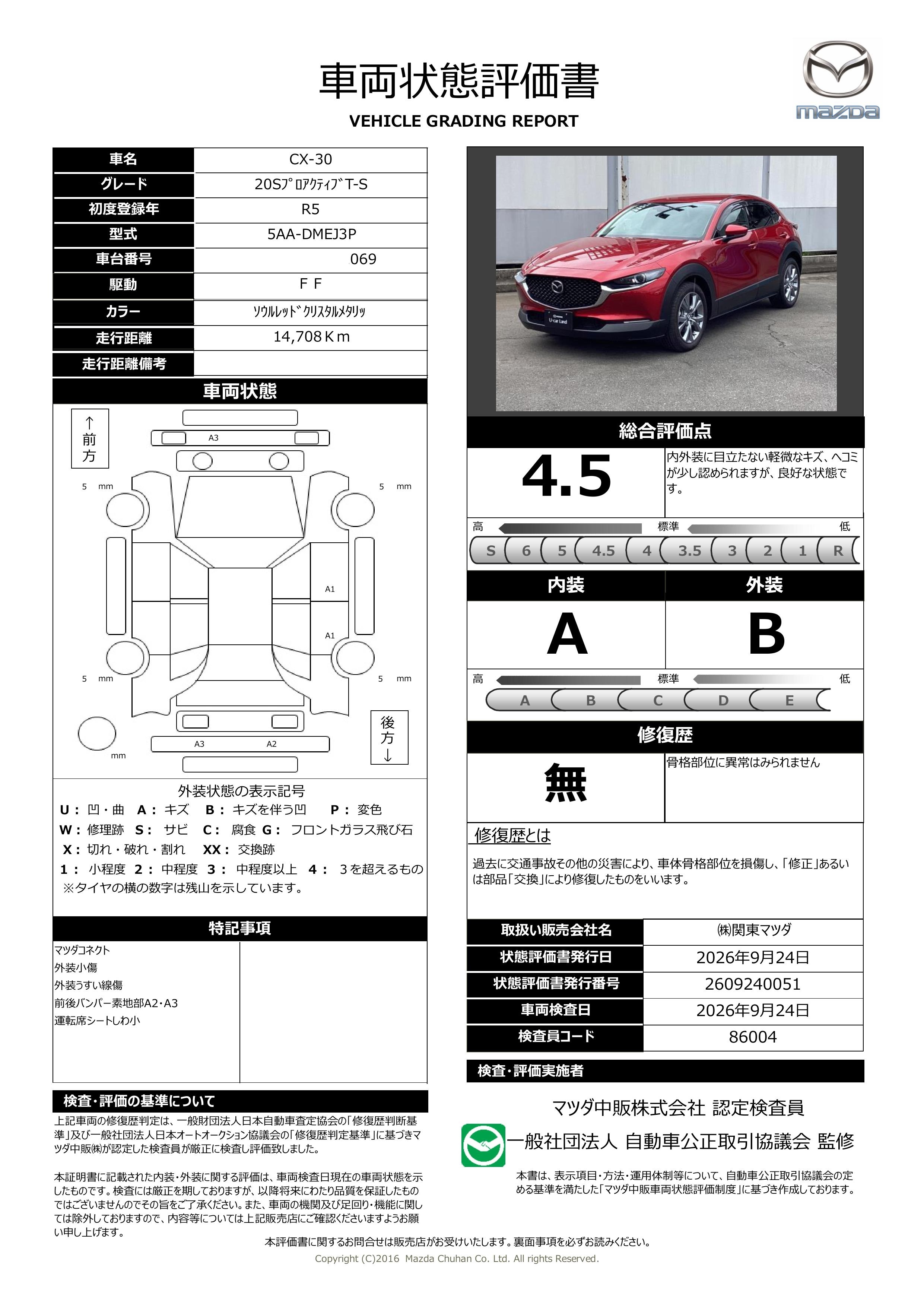 【CX-30　2.0 20S プロアクティブ ツーリングセレクション360度ビューモニター　交通標識認識システム　レーダークルーズコントロール　アダプティブLEDヘッドライト　371ri005】の車両評価書｜関東マツダ　U-CAR NET ユーカーネット