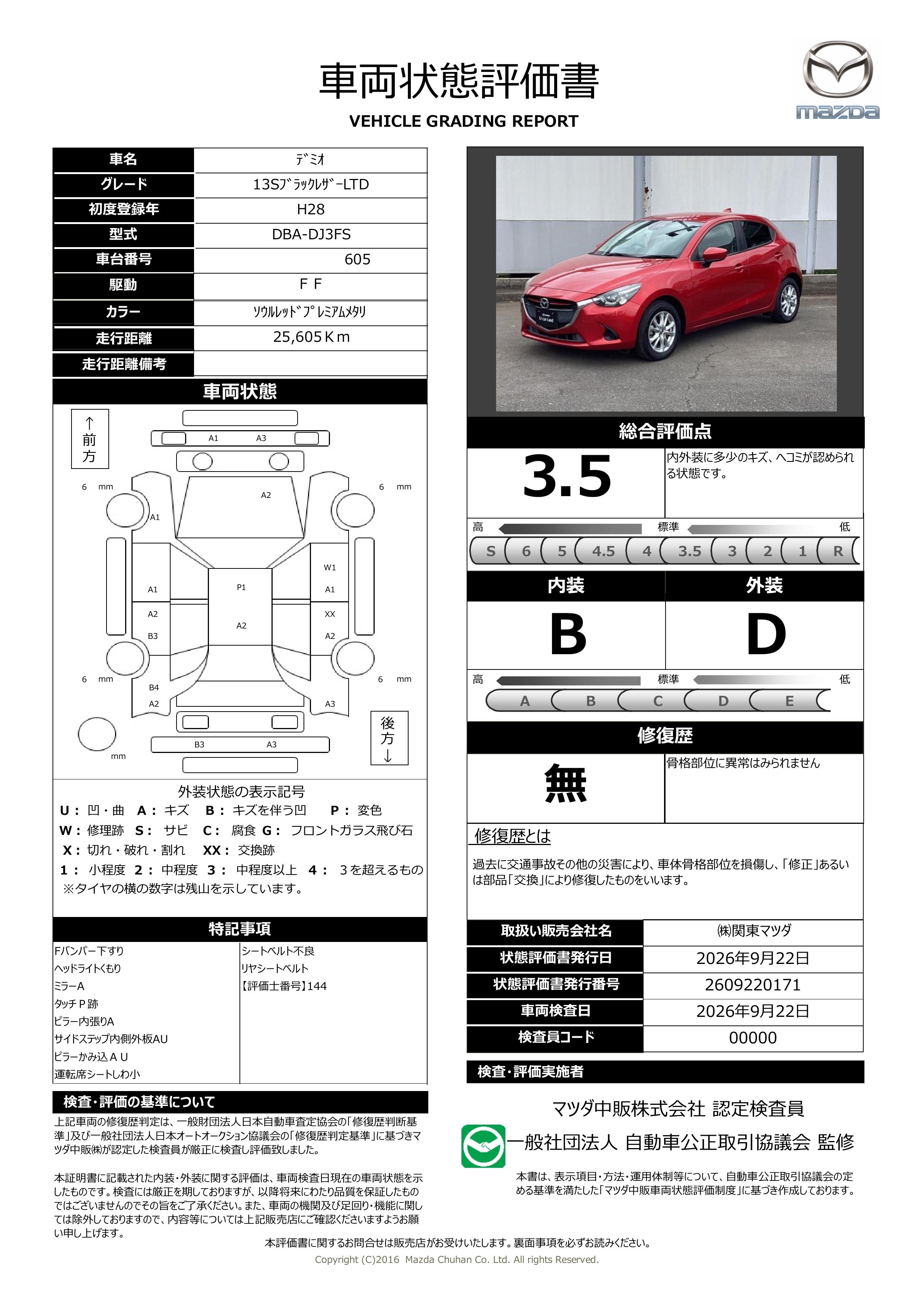 【デミオ　1.3 13S ブラック レザー リミテッドバックカメラ　レザーシート　アドバンスキーレス＆スタートシステム　371ri007】の車両評価書｜関東マツダ　U-CAR NET ユーカーネット
