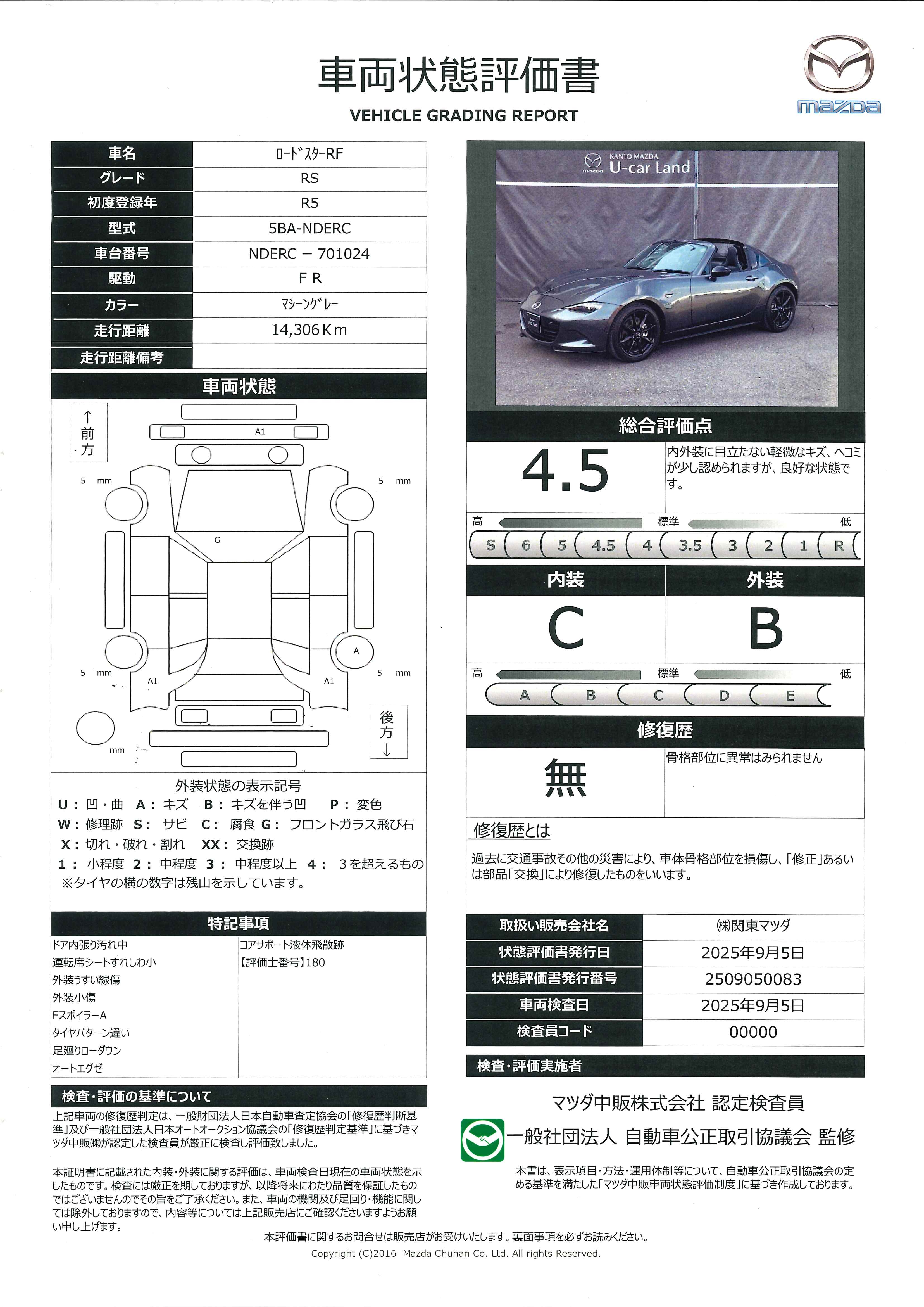 【ロードスターRF　2.0 RS衝突被害軽減ブレーキ　レカロシート　クルーズコントロール　バックカメラ　シートヒーター　381qg002】の車両評価書｜関東マツダ　U-CAR NET ユーカーネット