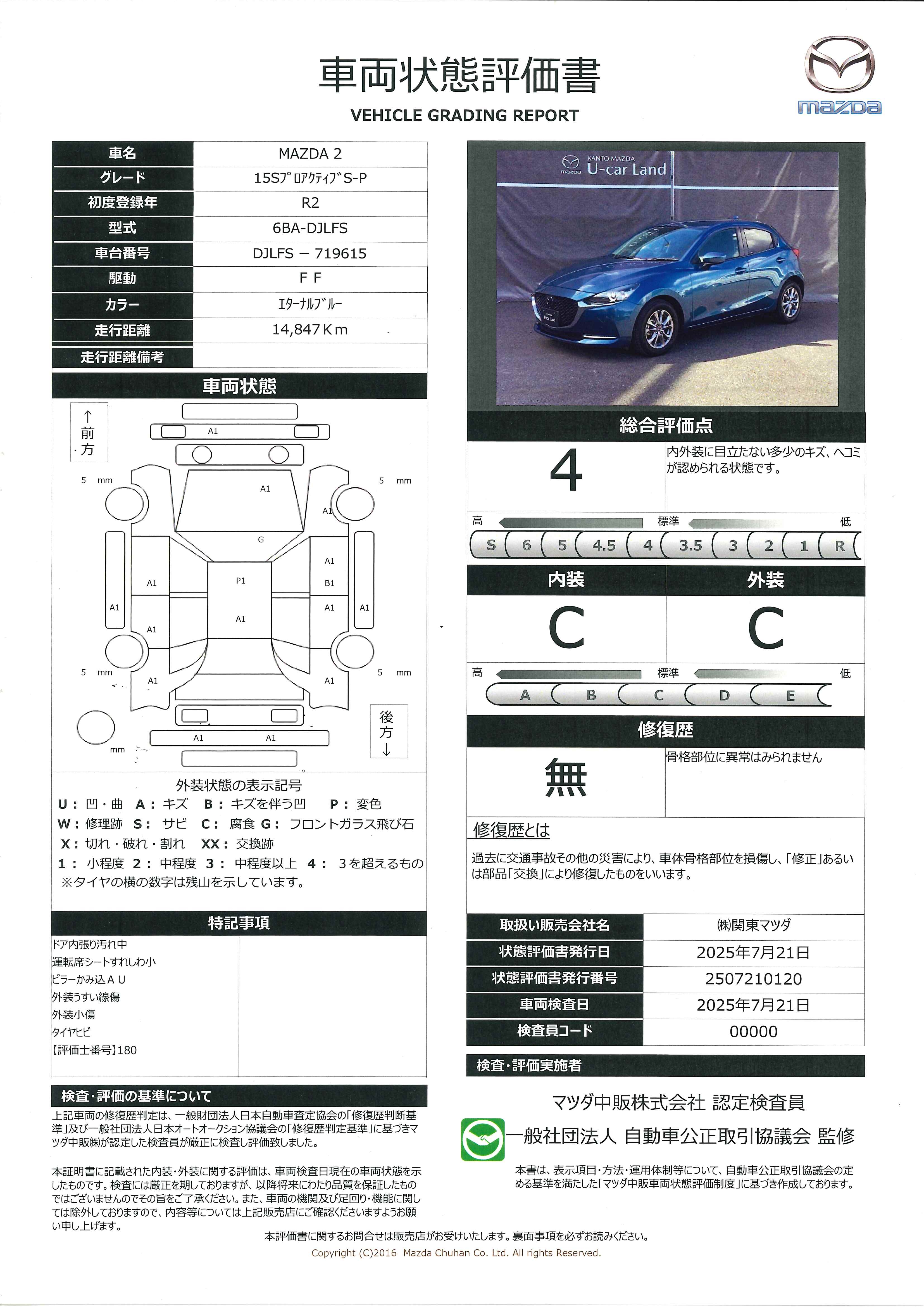 【MAZDA2　1.5 15S プロアクティブ Sパッケージ衝突被害軽減ブレーキ　AT誤発進抑制制御　レーダークルーズコントロール　360度モニター　シートヒーター　アダプティブLEDヘッドライト　381qg004】の車両評価書｜関東マツダ　U-CAR NET ユーカーネット