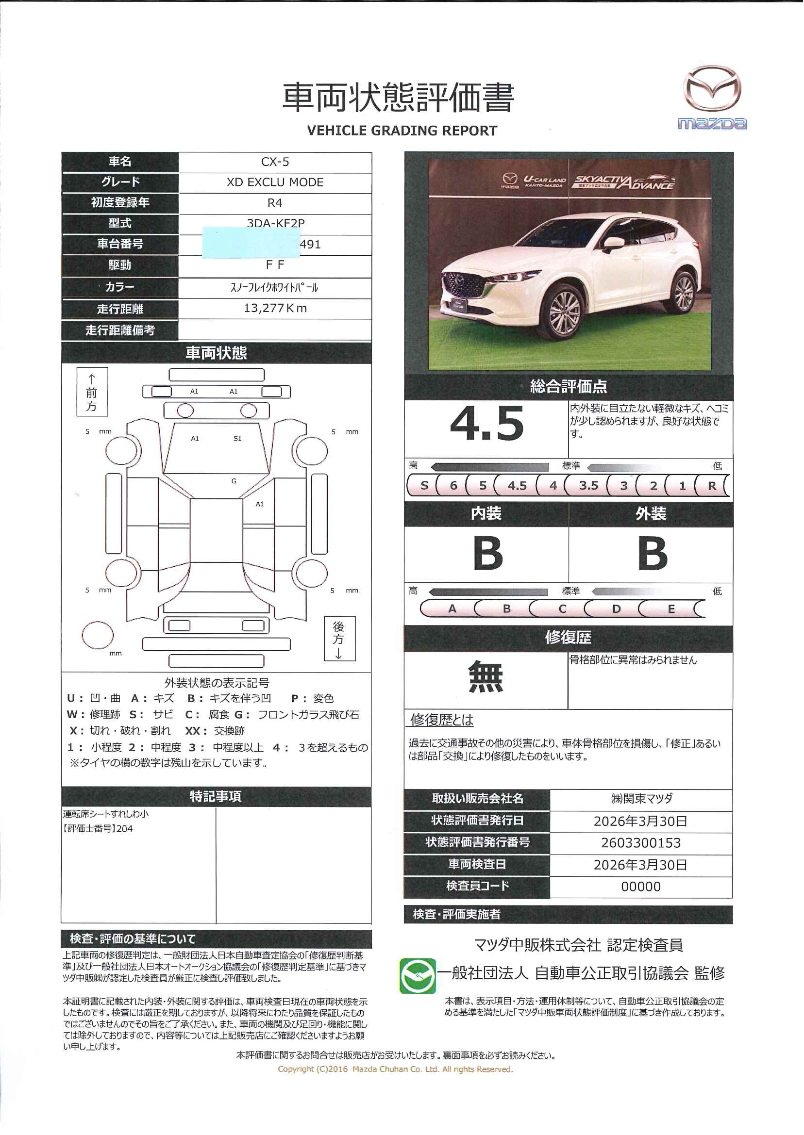 【CX-5　2.2 XD エクスクルーシブ モード ディーゼルターボワンオーナー　全周囲カメラ　ETC　2カメラドラレコ　381re002】の車両評価書｜関東マツダ　U-CAR NET ユーカーネット