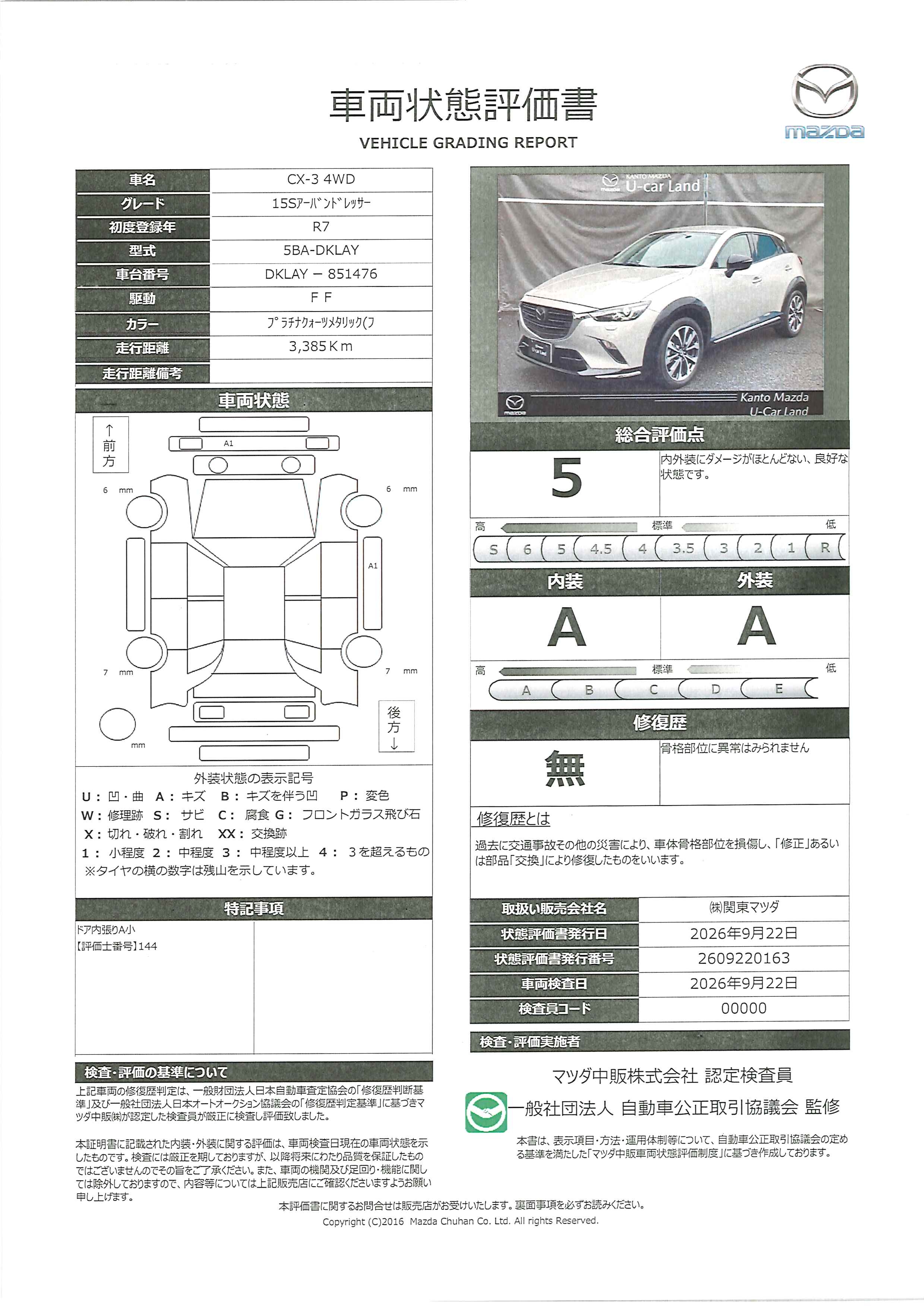 【CX-3　1.5 15S アーバン ドレッサー 4WD当社試乗車　8.8インチマツダコネクト　 360°モニター  MRCC パーキングセンサー  コネクティッドサービス　車線逸脱警報装置 レーンキープアシスト　AT誤発進抑制装置 　381ri007】の車両評価書｜関東マツダ　U-CAR NET ユーカーネット