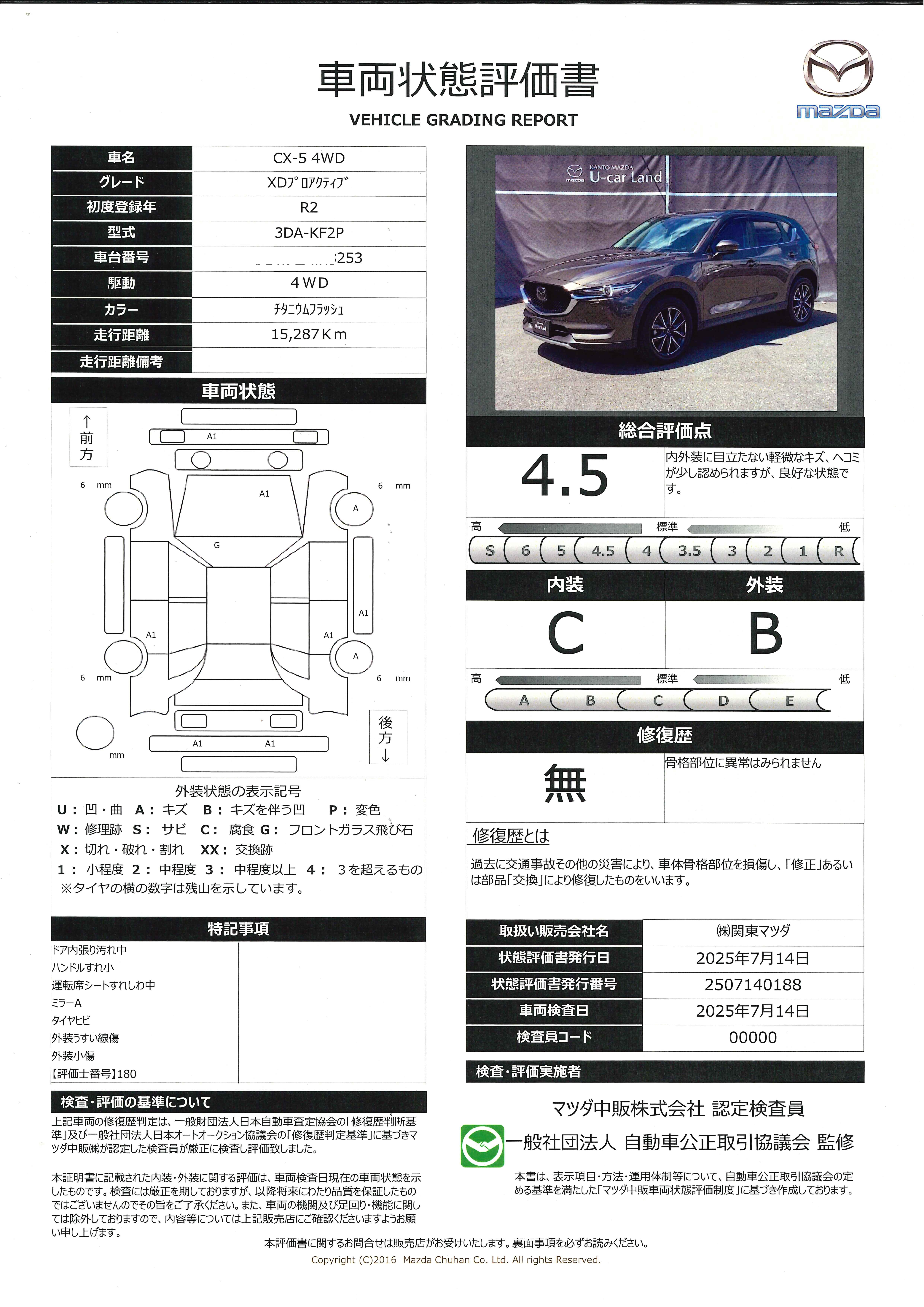【CX-5　2.2 XD プロアクティブ ディーゼルターボ 4WDマツダコネクトナビゲーション　全周囲カメラ　電動リアゲート　純正前後ドライブレコーダー　シートヒーター　ＣＤ　ＤＶＤ　382qg005】の車両評価書｜関東マツダ　U-CAR NET ユーカーネット