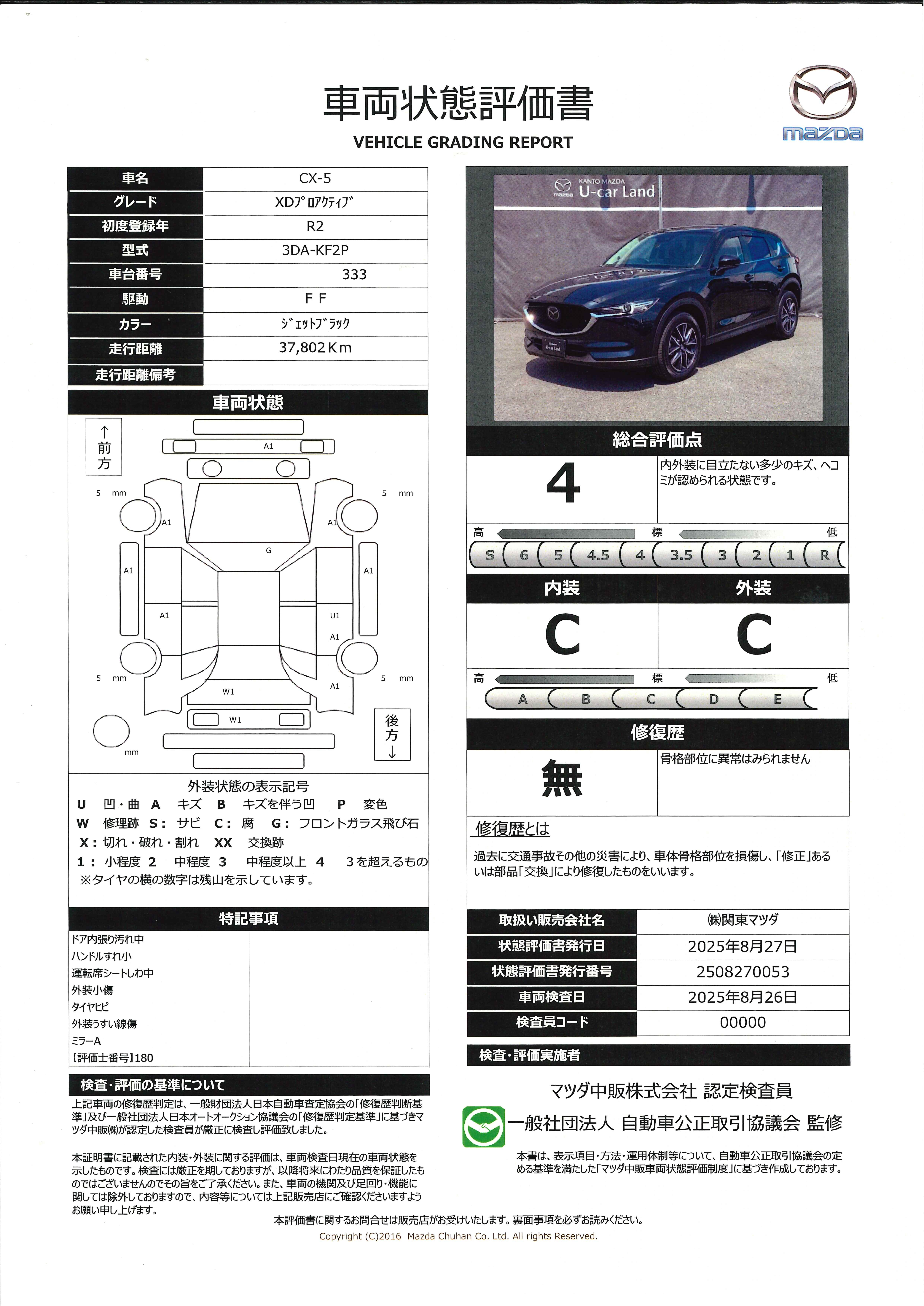 【CX-5　2.2 XD プロアクティブ ディーゼルターボマツダコネクトナビゲーション　サンルーフ　全周囲カメラ　ＢＯＳＥ　電動リアゲート　電動シート　シートヒーター　ＥＴＣ　ＴＶ・ＣＤ・ＤＶＤ　　382qh009】の車両評価書｜関東マツダ　U-CAR NET ユーカーネット