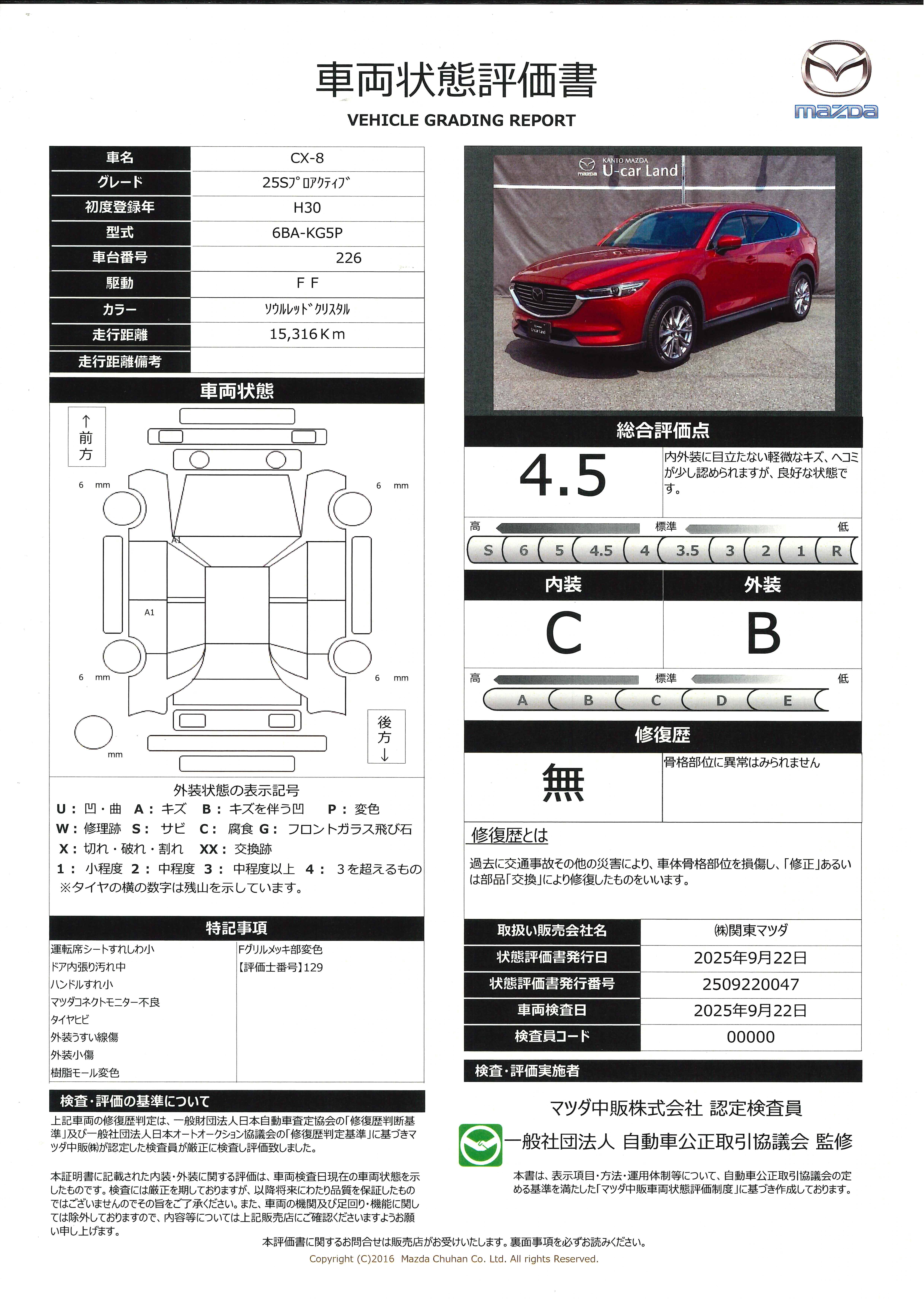 【CX-8　2.5 25S プロアクティブマツダコネクトナビゲーション　全周囲カメラ　前ドライブレコーダー　シートヒーター　ＣＤ・ＤＶＤ　382qh012】の車両評価書｜関東マツダ　U-CAR NET ユーカーネット