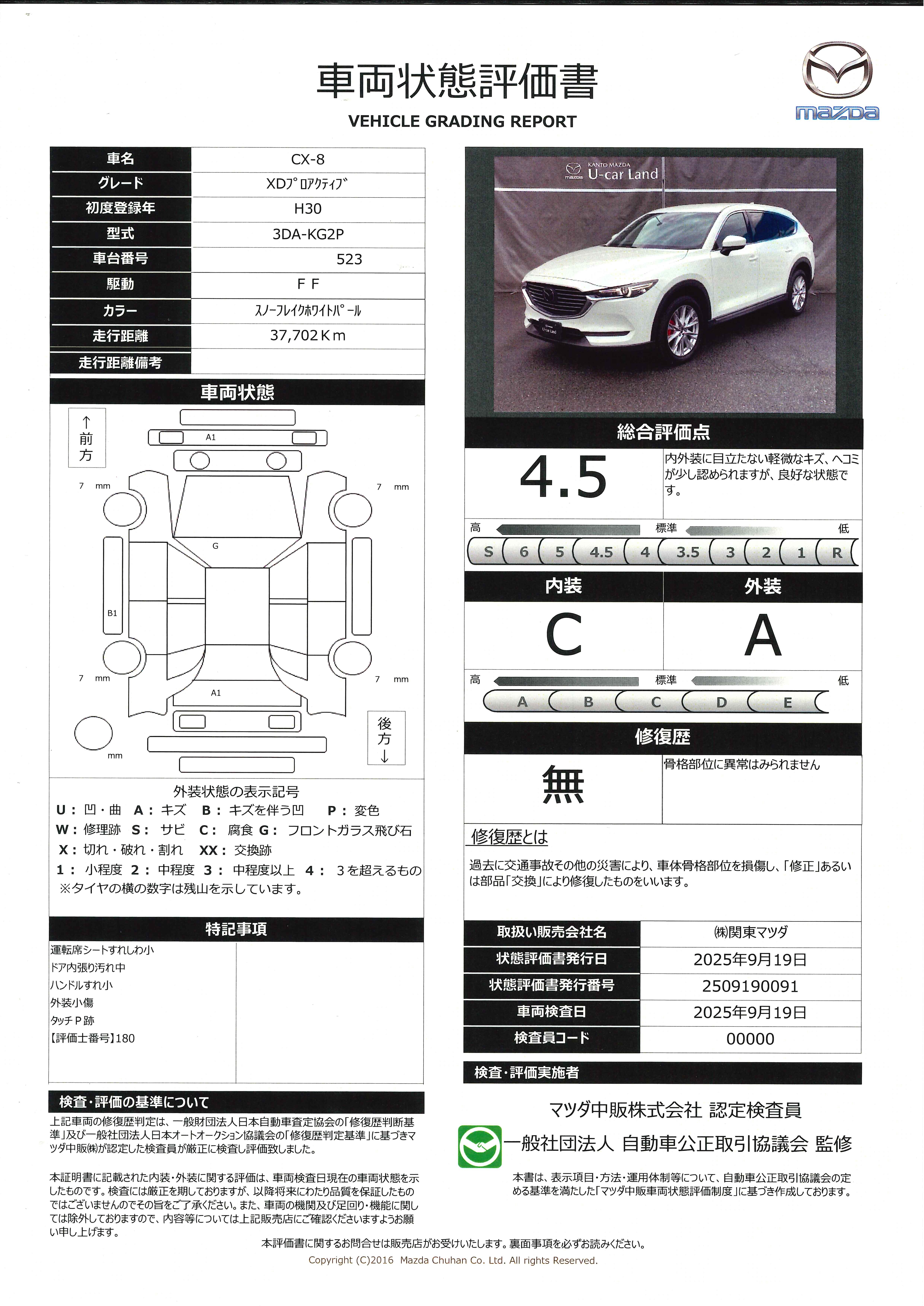【CX-8　2.2 XD プロアクティブ ディーゼルターボ衝突被害軽減ブレーキ　アダプティブLEDヘッドライト　AT誤発進抑制装置　全周囲カメラ　ETC　レーンキープアシスト　車線逸脱警報　BSM　382qi007】の車両評価書｜関東マツダ　U-CAR NET ユーカーネット
