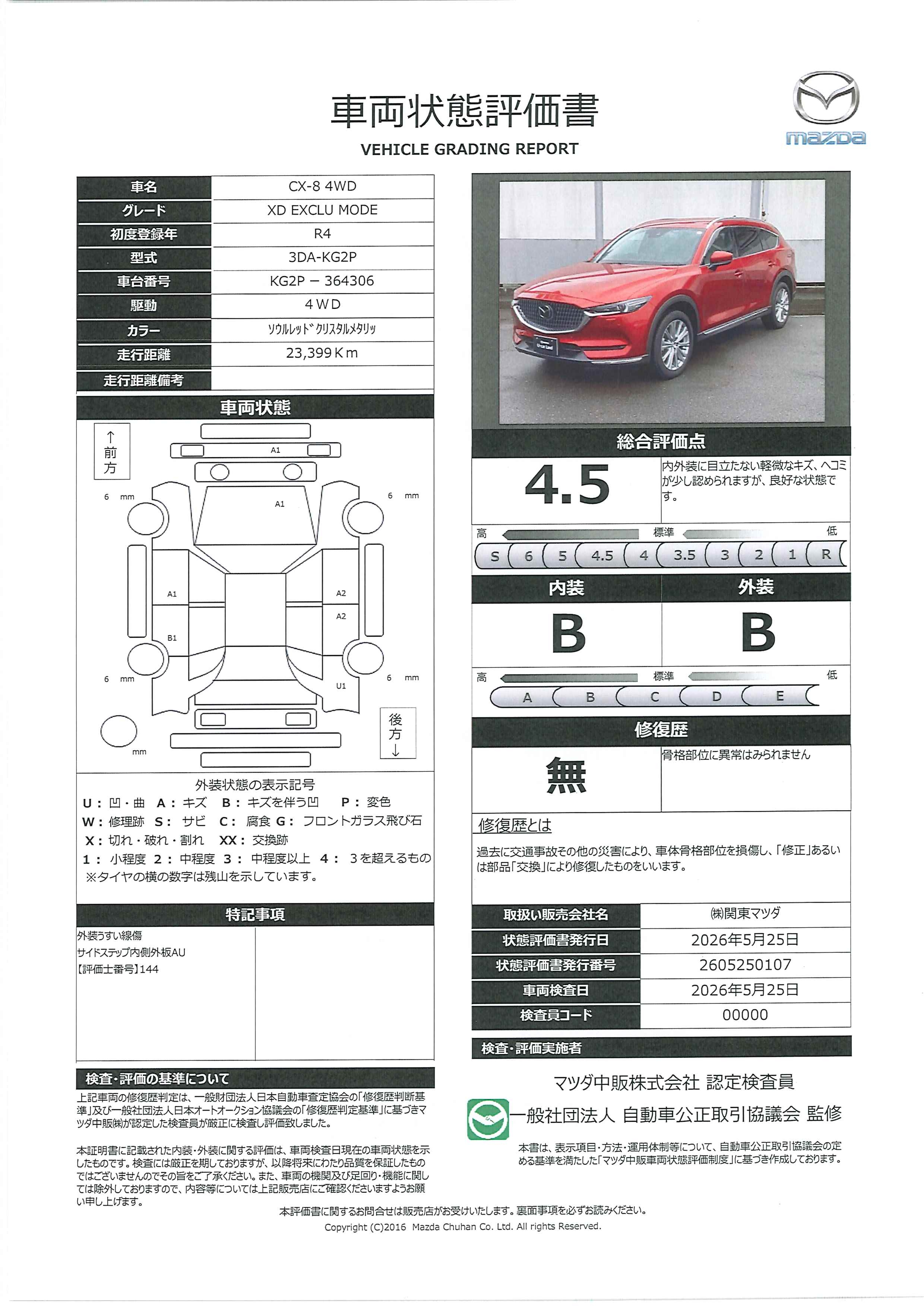 【CX-8　2.2 XD エクスクルーシブ モード ディーゼルターボ 4WDホワイトレザーシート　マツダコネクトナビ　ETC2.0　レーダークルーズコントロール　フルセグ　BOSE　ドラレコ　382re003】の車両評価書｜関東マツダ　U-CAR NET ユーカーネット