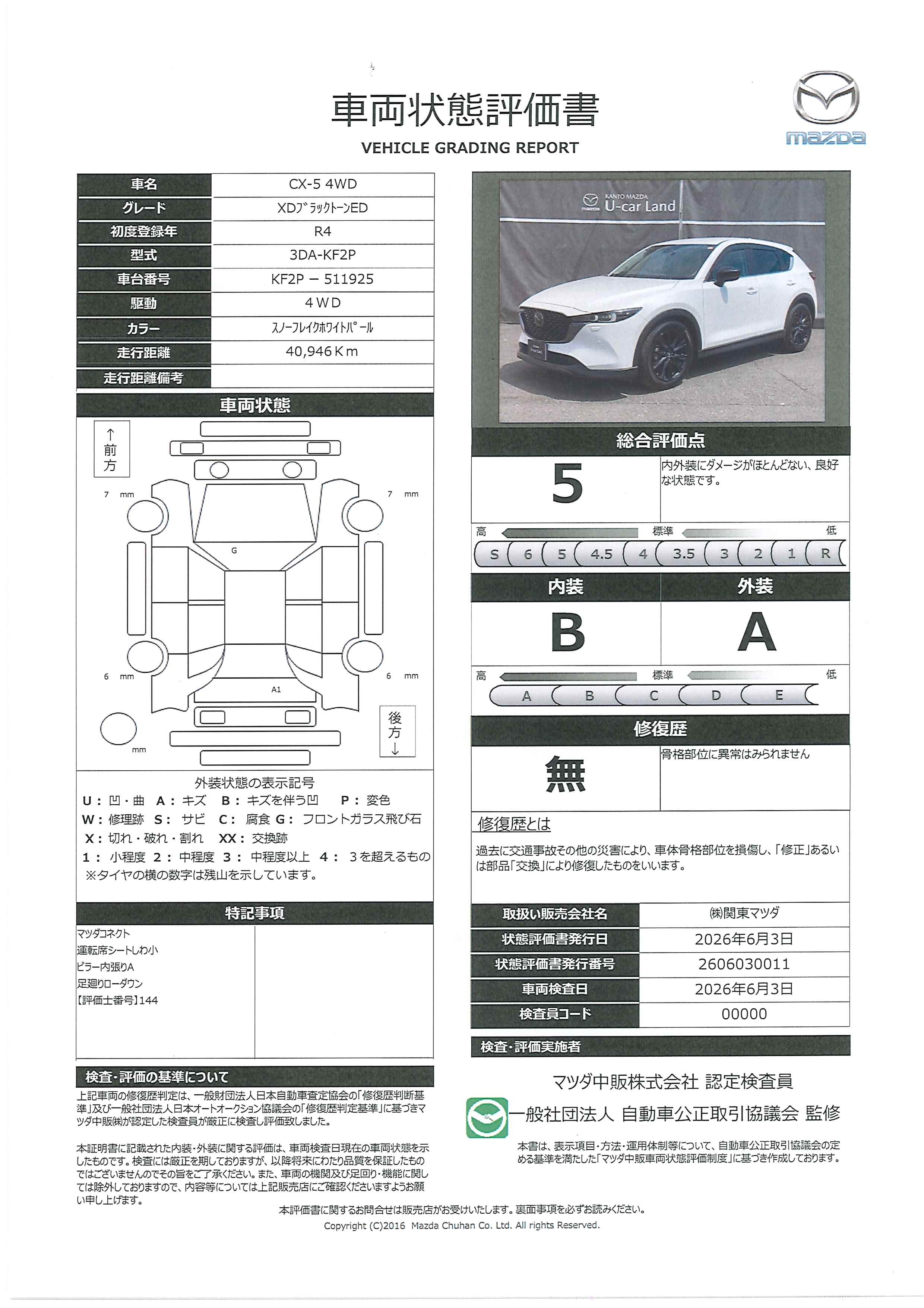 【CX-5　2.2 XD ブラックトーンエディション ディーゼルターボ 4WD8.8インチマツダコネクト　 360°モニター ALH MRCC パーキングセンサー  パワーシート シートヒーター 車線逸脱警報装置 レーンキープアシスト　382rf001】の車両評価書｜関東マツダ　U-CAR NET ユーカーネット