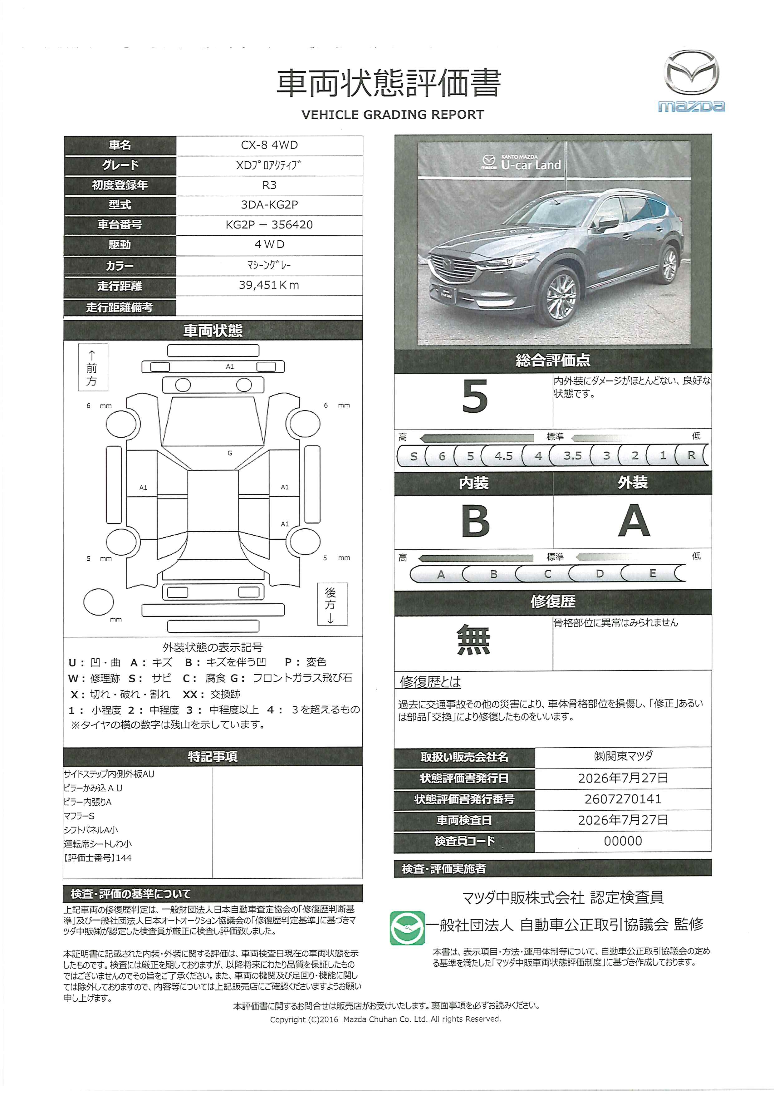 【CX-8　2.2 XD プロアクティブ ディーゼルターボ 4WD360度ビューモニター　リアシートモニター　レーダークルーズコントロール　382rg010】の車両評価書｜関東マツダ　U-CAR NET ユーカーネット
