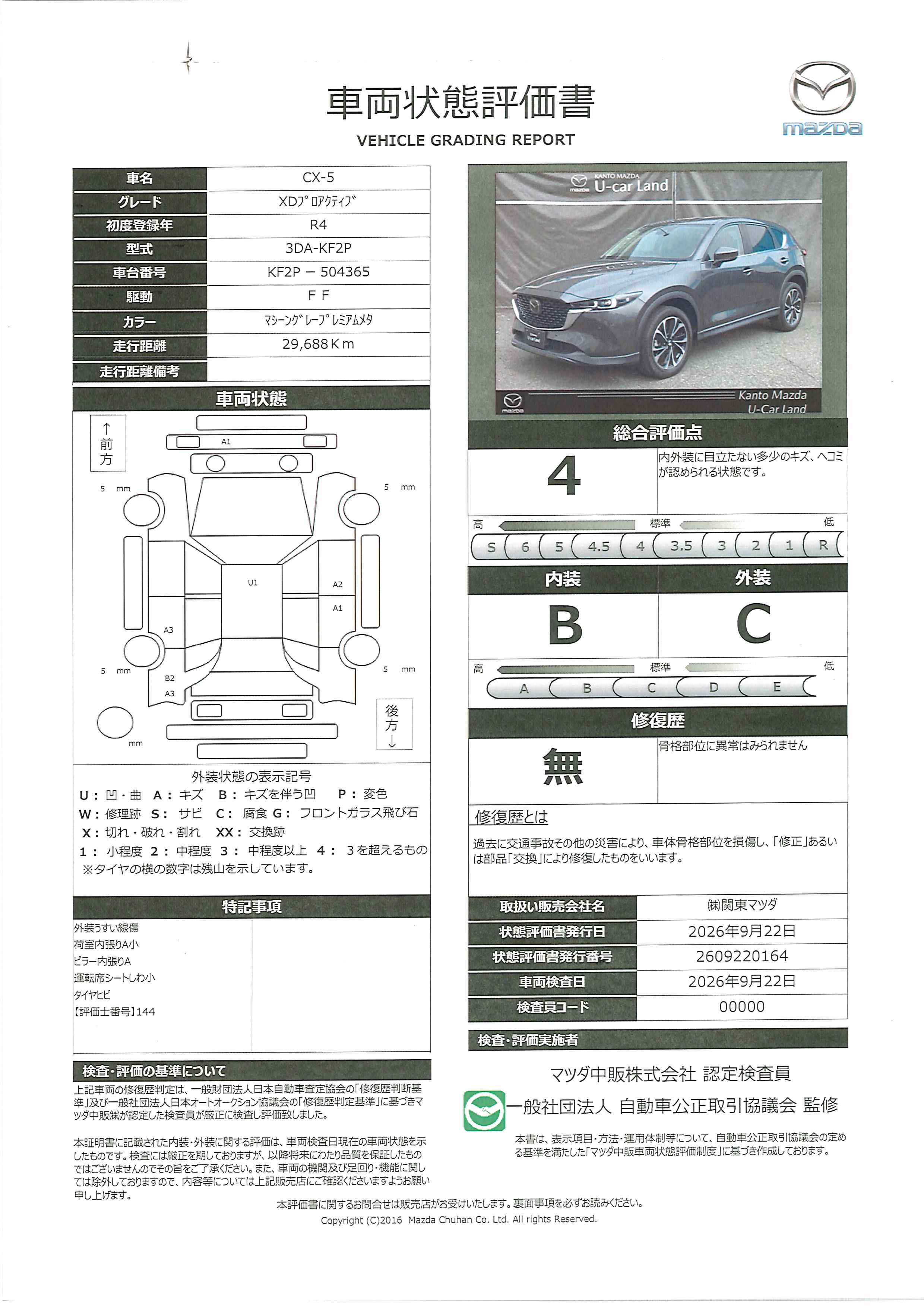 【CX-5　2.2 XD プロアクティブ ディーゼルターボ10.25インチマツダコネクト ETC　 360°モニター ALH MRCC パーキングセンサー  パワーシート シートヒーター  車線逸脱警報装置 レーンキープアシスト　382ri016】の車両評価書｜関東マツダ　U-CAR NET ユーカーネット