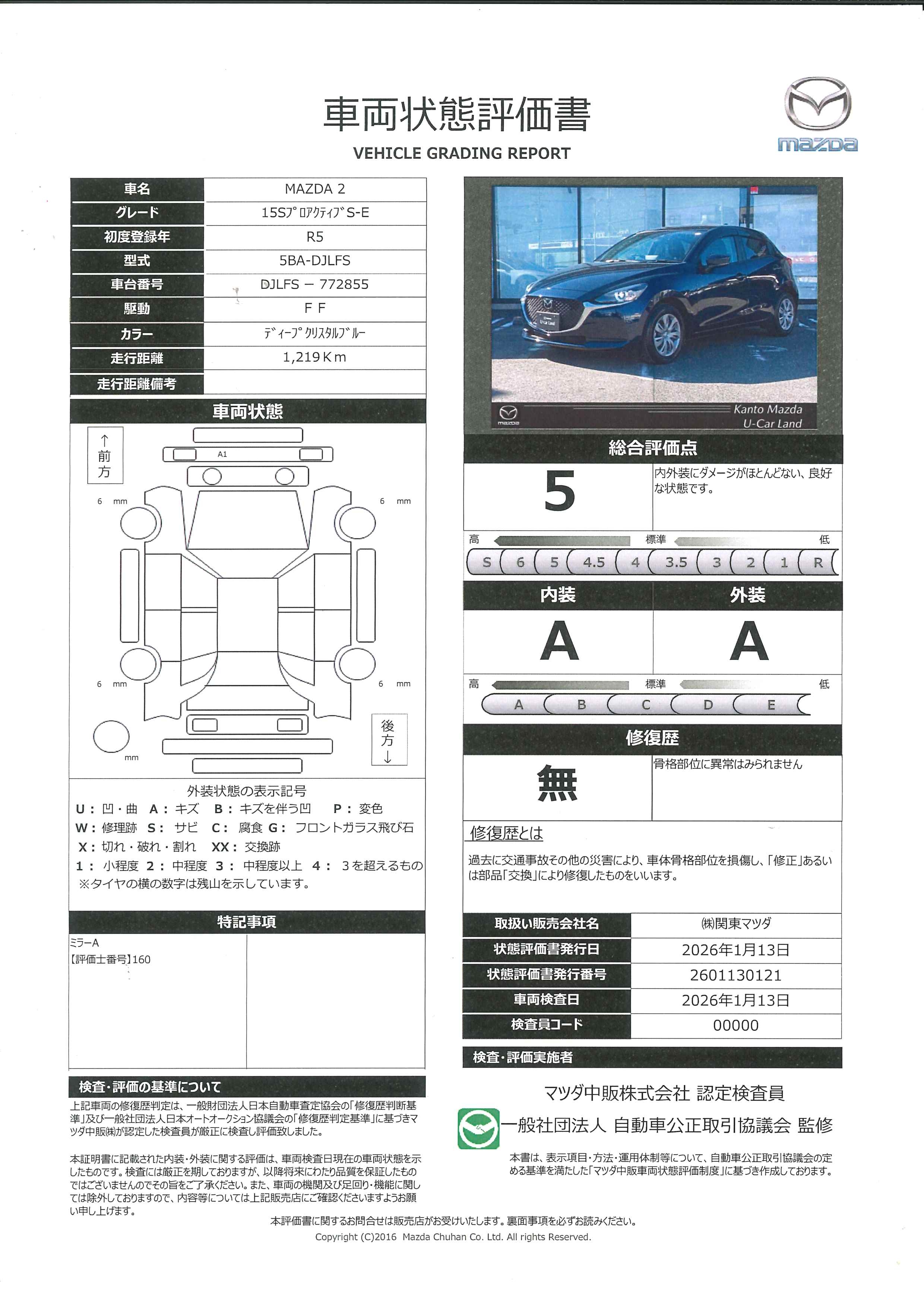【MAZDA2　1.5 15S プロアクティブ スマート エディション27インチWVGAセンターディスプレイ　車線逸脱警報システム　 アドバンストスマートシティブレーキサポート付　384ra001】の車両評価書｜関東マツダ　U-CAR NET ユーカーネット