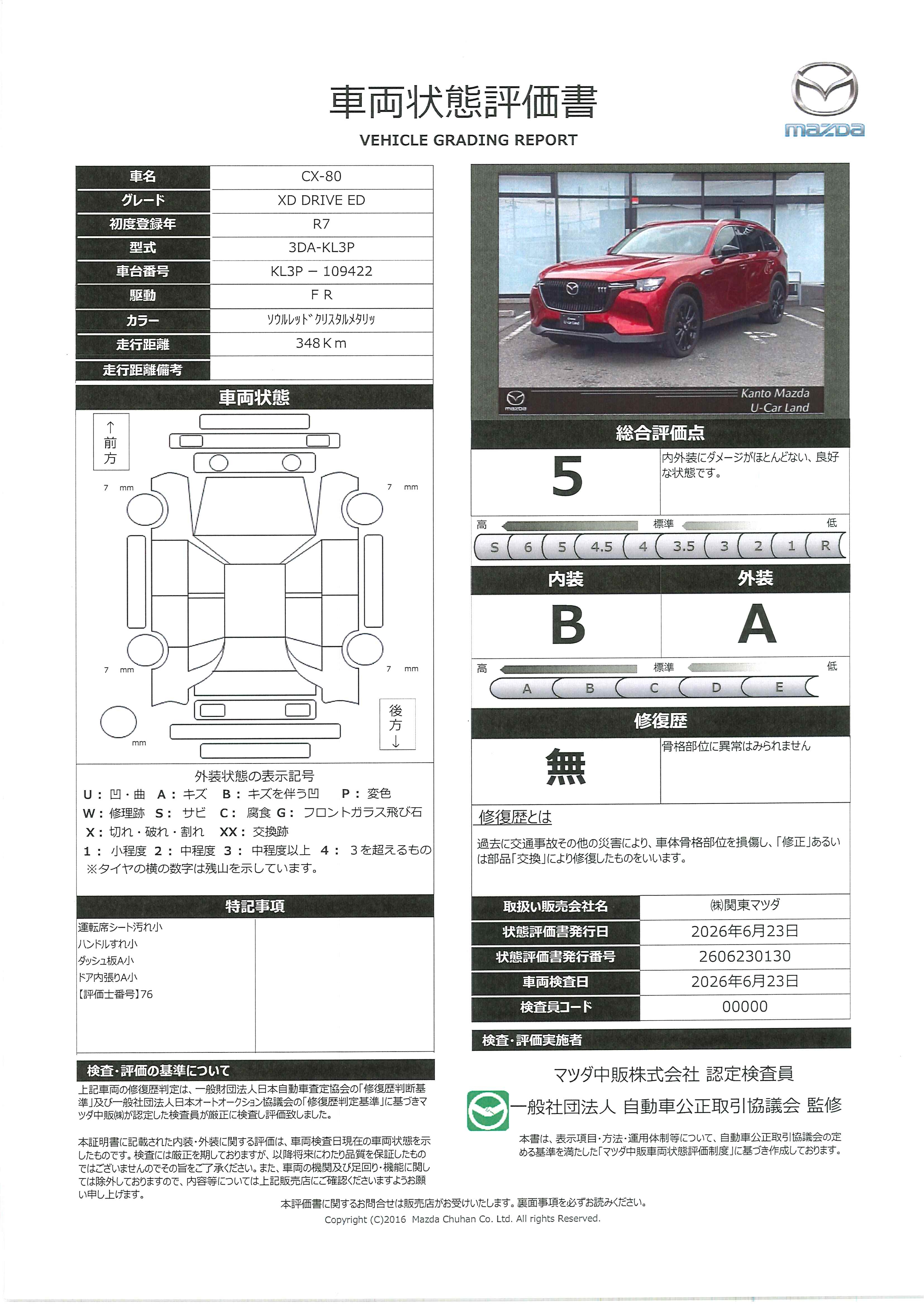 【CX-80　3.3 XD ドライブ エディション ディーゼルターボ試乗車 ETC マツダコネクトナビ 360°カメラ 20インチアルミ ディーゼル　385rf002】の車両評価書｜関東マツダ　U-CAR NET ユーカーネット