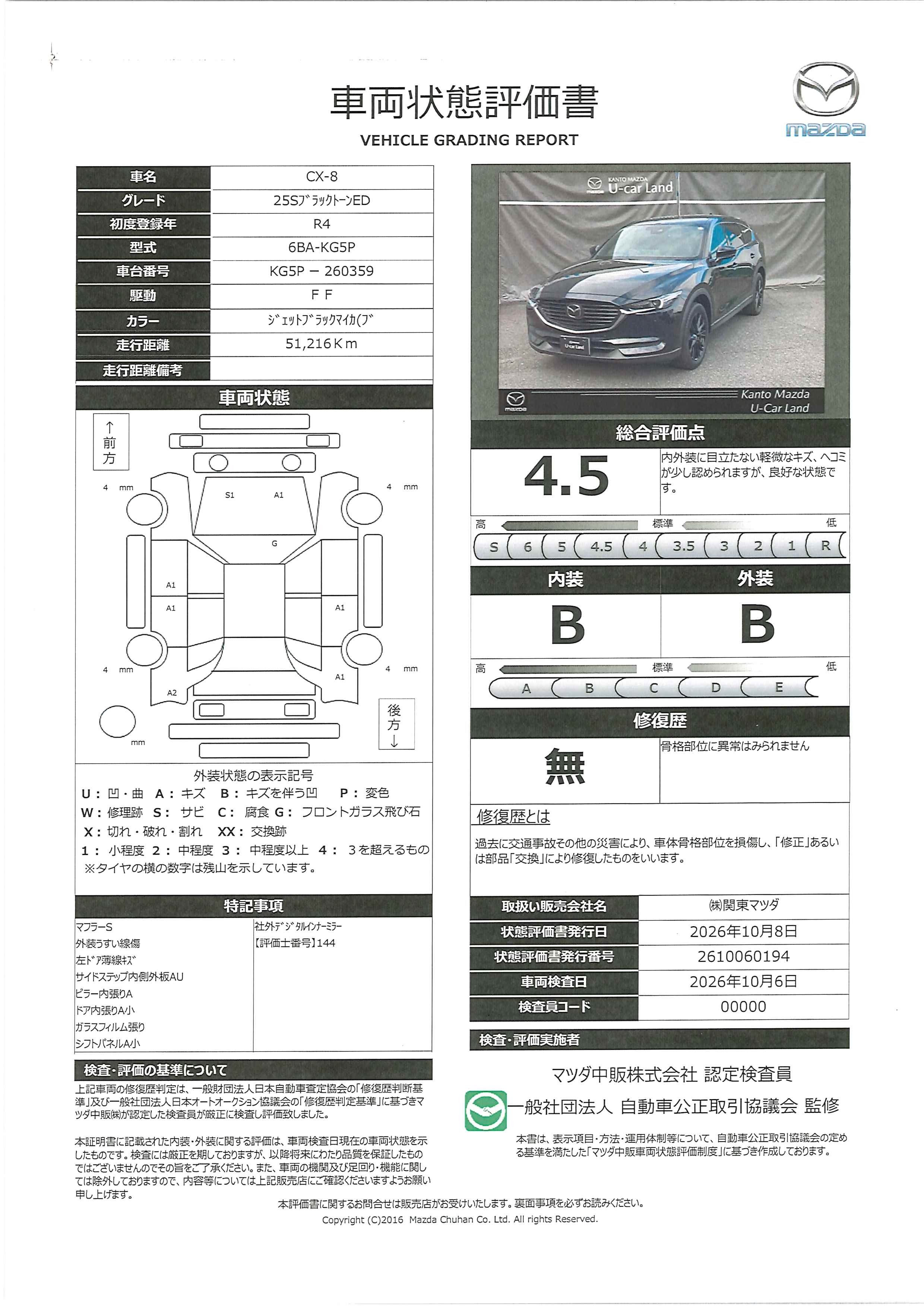 【CX-8　2.5 25S ブラックトーン エディション10.25インチマツダコネクト ETC　 360°モニター ALH MRCC パーキングセンサー  パワーシート シートヒーター  車線逸脱警報装置 レーンキープアシスト　385rj002】の車両評価書｜関東マツダ　U-CAR NET ユーカーネット