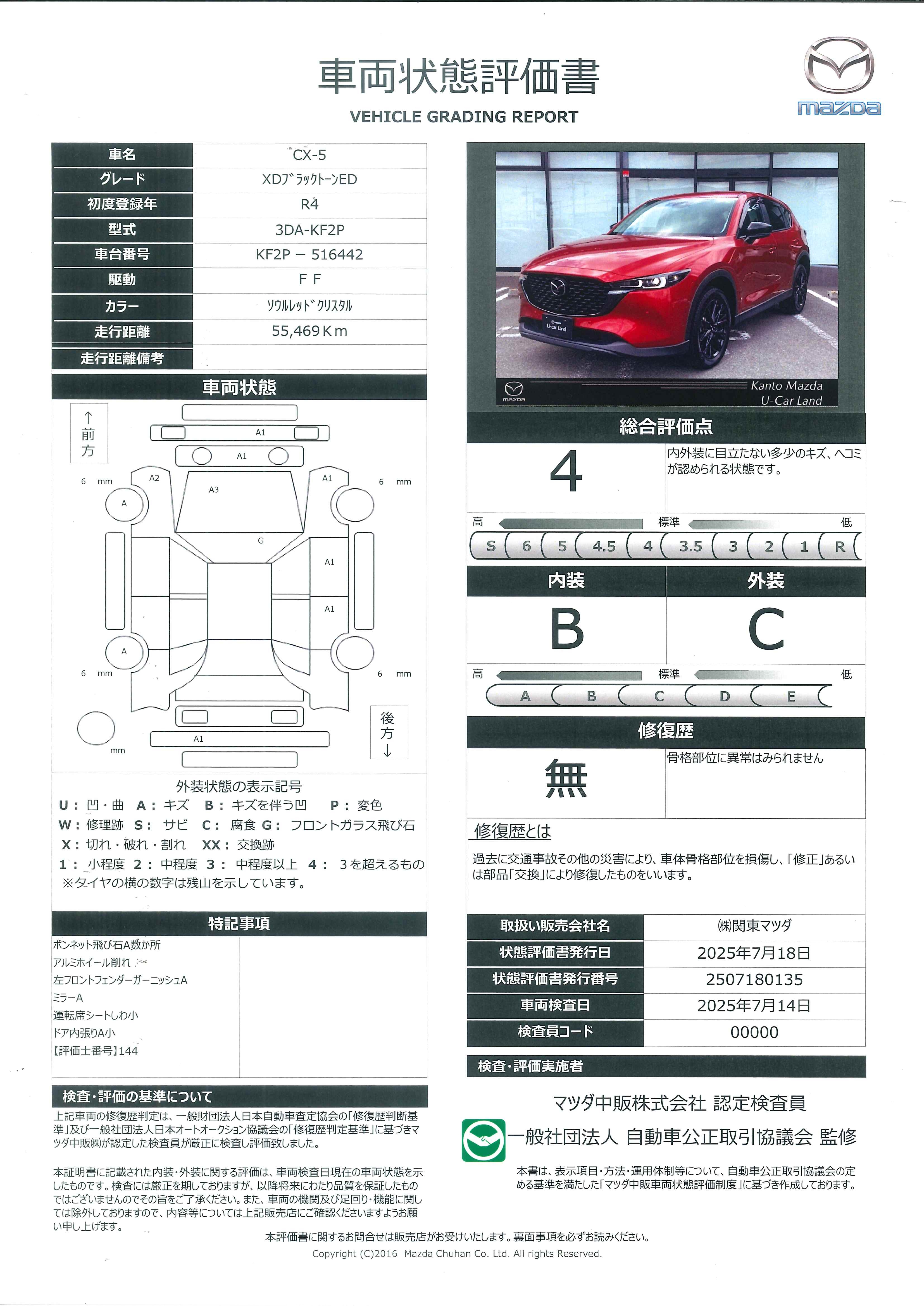 【CX-5　2.2 XD ブラックトーンエディション ディーゼルターボ360°ビューモニター　地デジフルセグ　レーダークルーズコントロール　ハンズフリーパワーゲート　ETC2.0　ワイアレス充電　AT誤発進抑制制御　フロントリアパーキングセンサー　388qg013】の車両評価書｜関東マツダ　U-CAR NET ユーカーネット