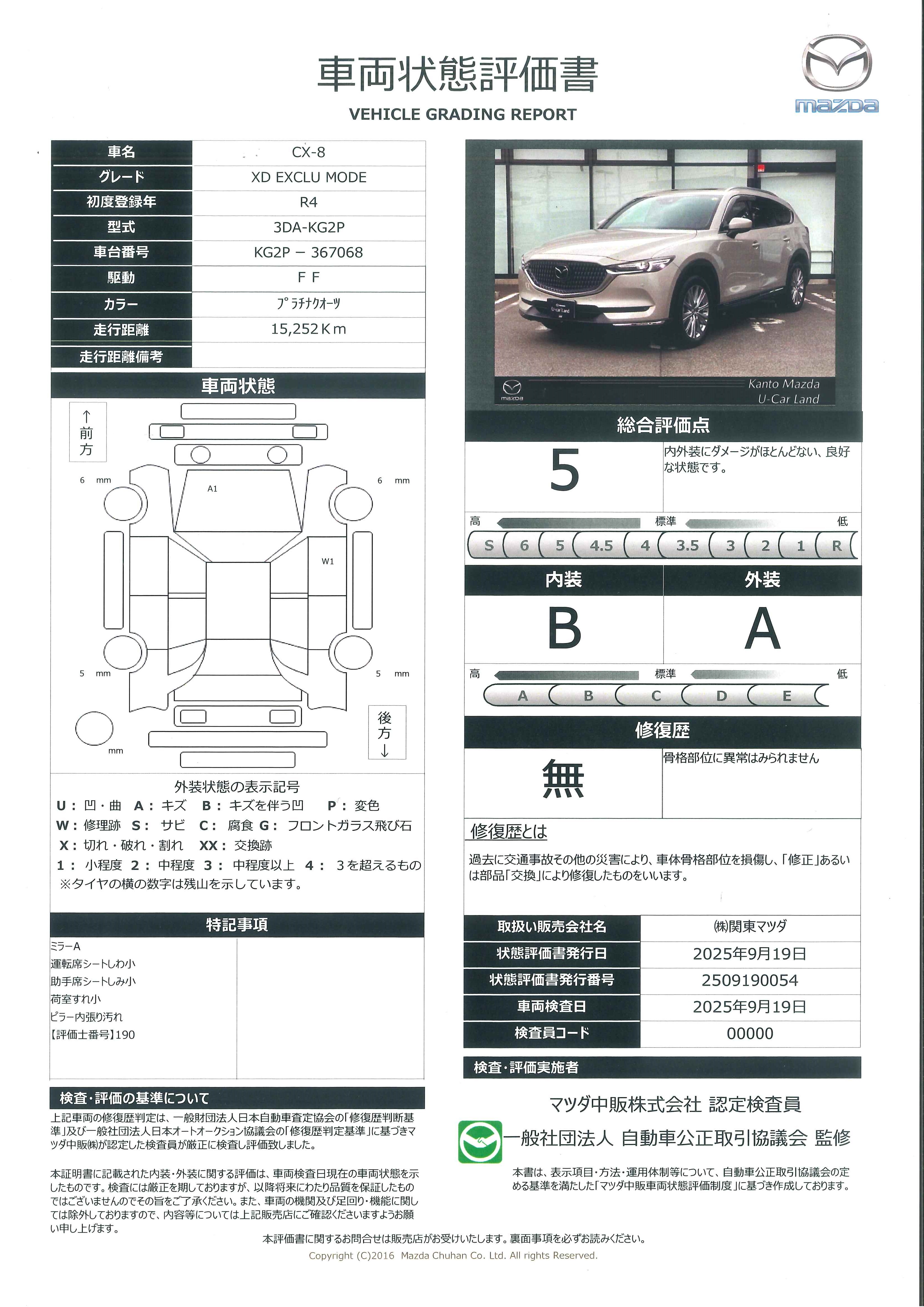 【CX-8　2.2 XD エクスクルーシブ モード ディーゼルターボ10.25インチセンターディスプレイ 衝突被害軽減ブレーキ　AT誤発進抑制制御　レーンキープアシスト　車線逸脱警報　ブラインドスポットモニタリング　カープレイ対応　388qi013】の車両評価書｜関東マツダ　U-CAR NET ユーカーネット