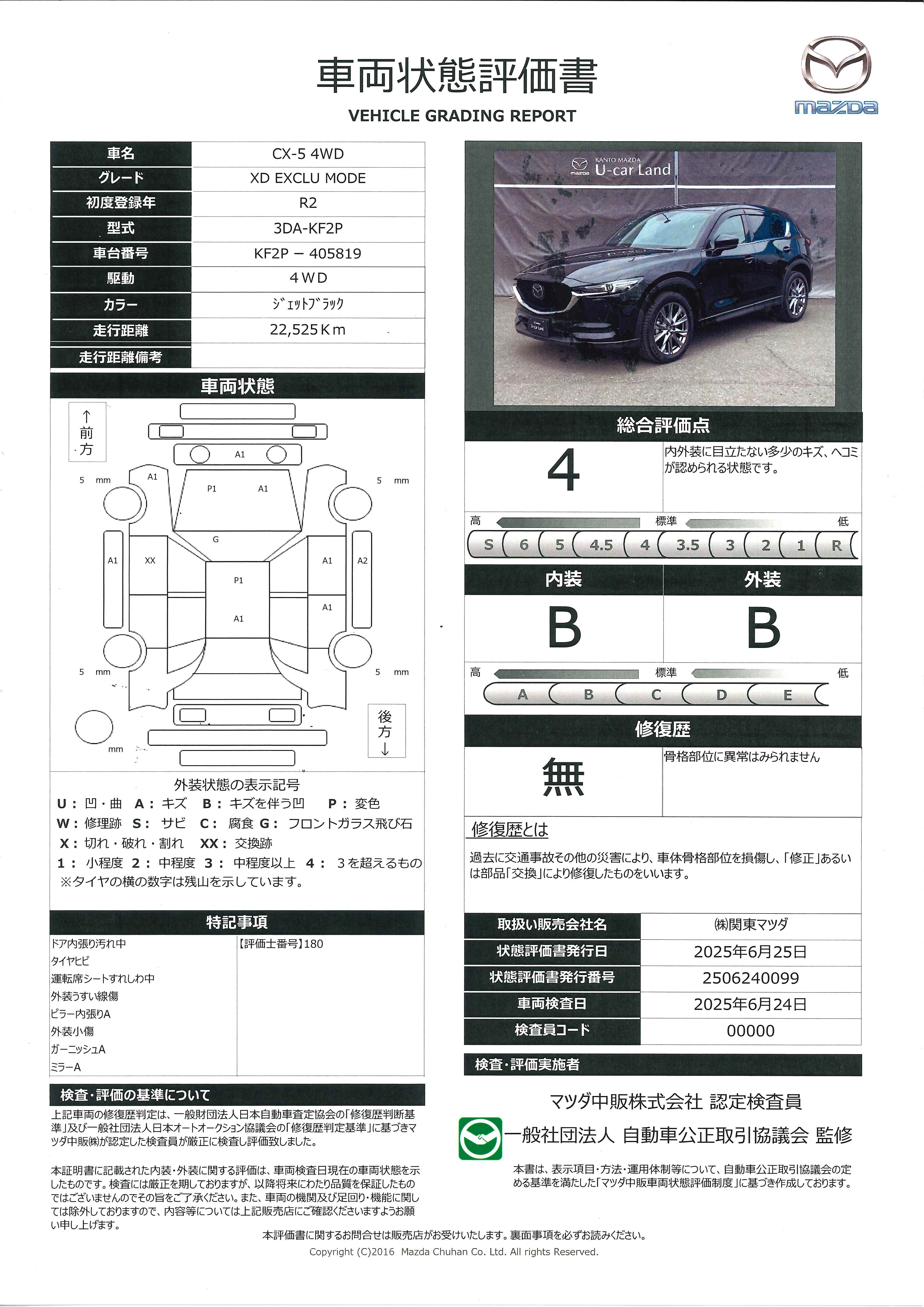 【CX-5　2.2 XD エクスクルーシブ モード ディーゼルターボ 4WD衝突被害軽減ブレーキ　AT誤発進抑制制御　オフロードトラクションアシスト　360度モニター　シートベンチレーション　388qj005】の車両評価書｜関東マツダ　U-CAR NET ユーカーネット