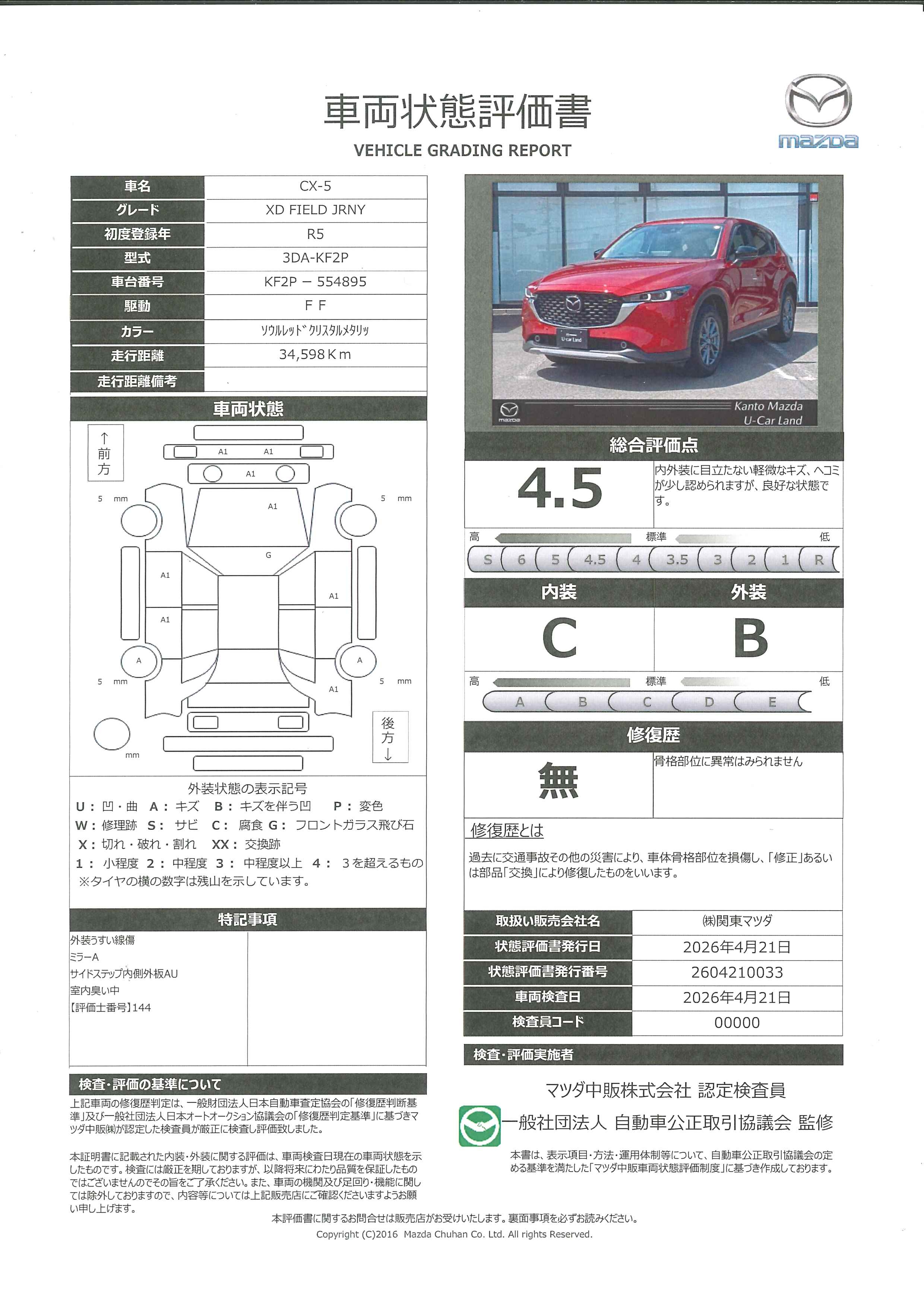 【CX-5　2.2 XD フィールド ジャーニー ディーゼルターボ 4WD特別仕様車　四駆　BOSEサウンドシステム　純正ETC2.0車載器　10.25in.大型モニター　ワイヤレス充電　ワイヤレス接続　USB-Cポイント　ハンズフリー機能付きパワーリフトゲート　純正２カメ　388rd019】の車両評価書｜関東マツダ　U-CAR NET ユーカーネット