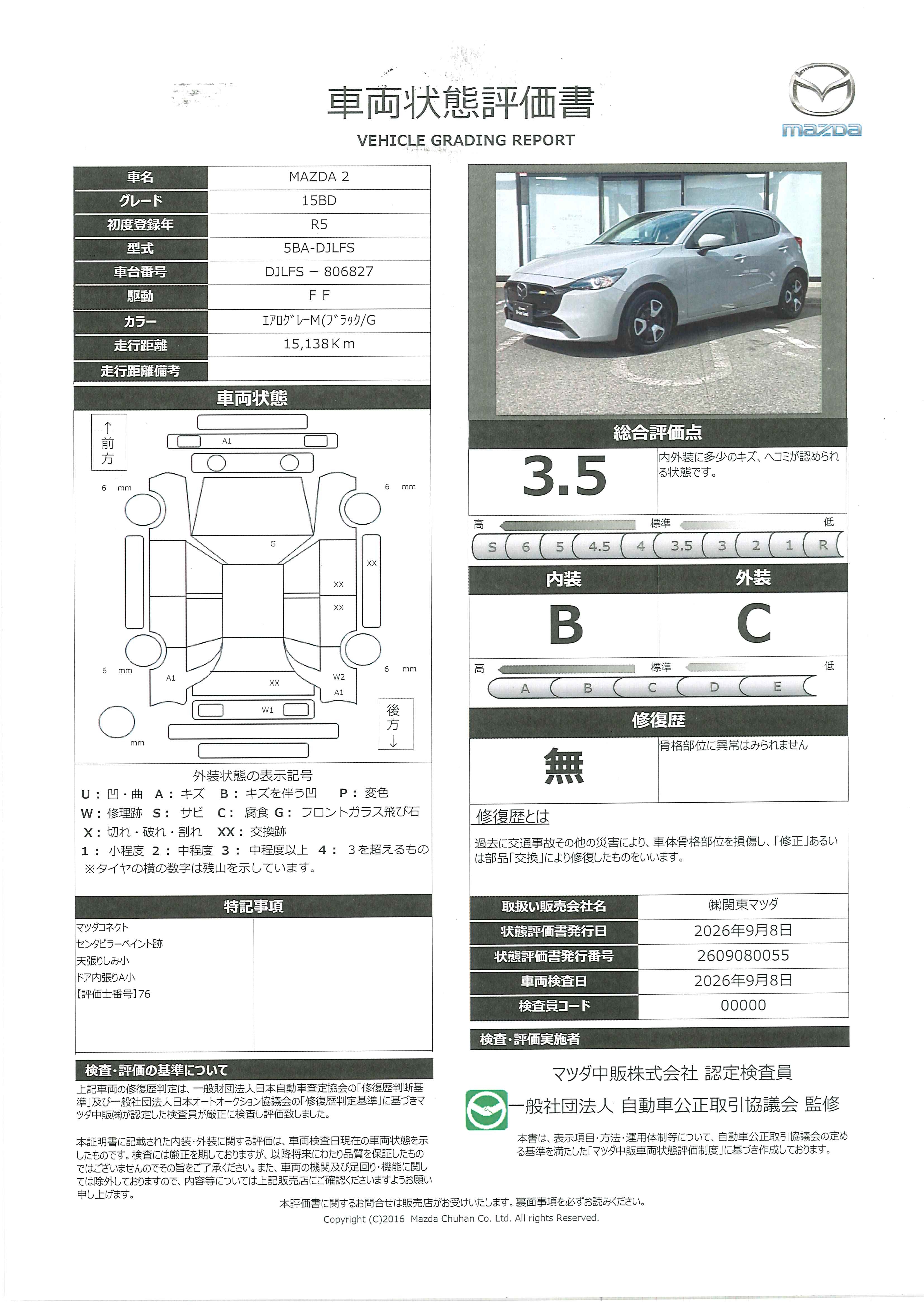 【MAZDA2　1.5 15BD３６０度セーフティパッケージ　セーフティクルーズパッケージ　CD/DVDプレイヤ―＆フルセグTVチューナー　前後２カメラ・ドラレコ　Bluetooth対応オーディオ　388rh021】の車両評価書｜関東マツダ　U-CAR NET ユーカーネット