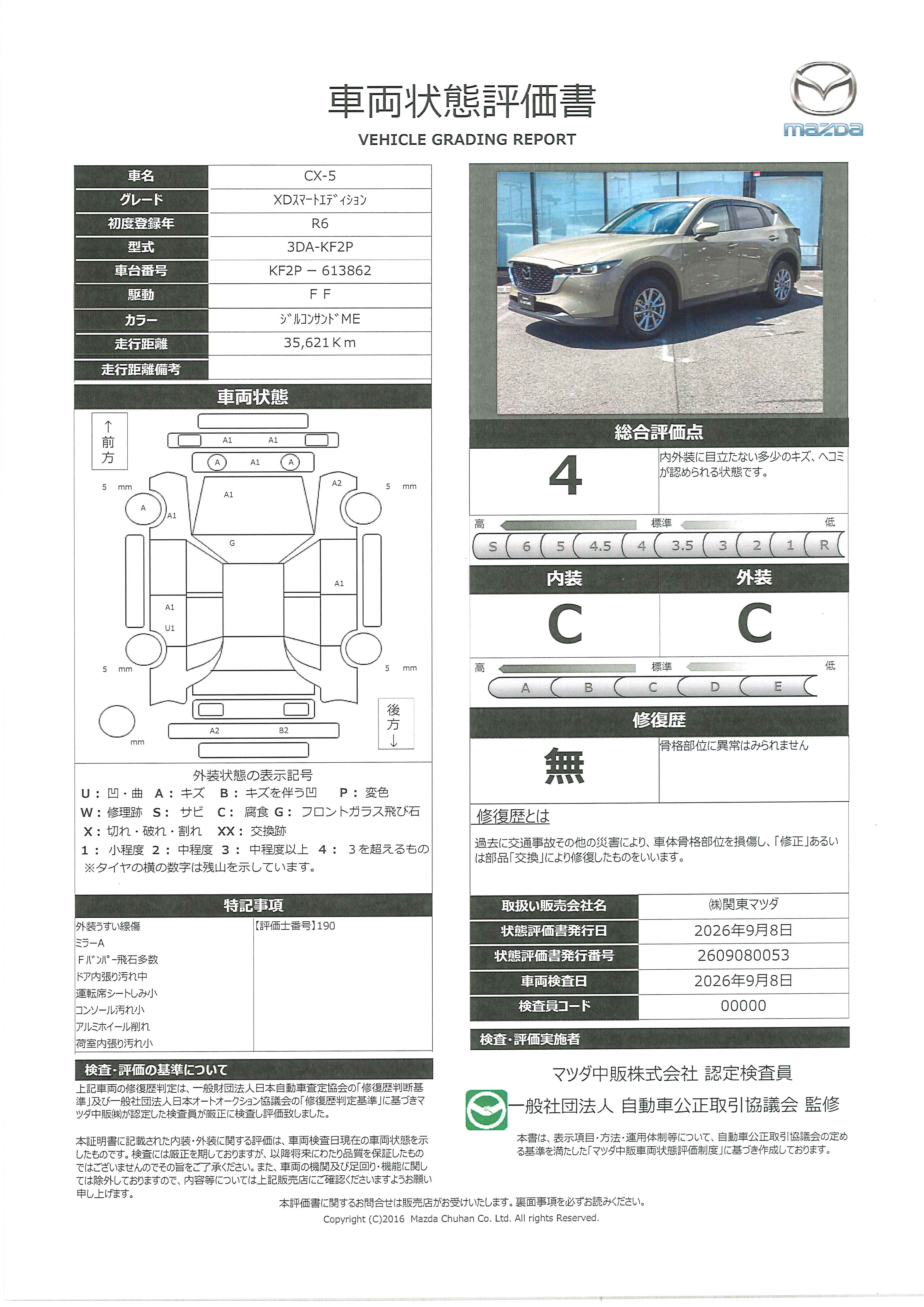 【CX-5　2.2 XD スマート エディション ディーゼルターボ 360°ビューカメラ　Mレーダークルーズコントロール　マツダコネクトナビ　ETC車載器　フルセグTV　コネクティッドサービス　前後ドライブレコーダー　388rh025】の車両評価書｜関東マツダ　U-CAR NET ユーカーネット
