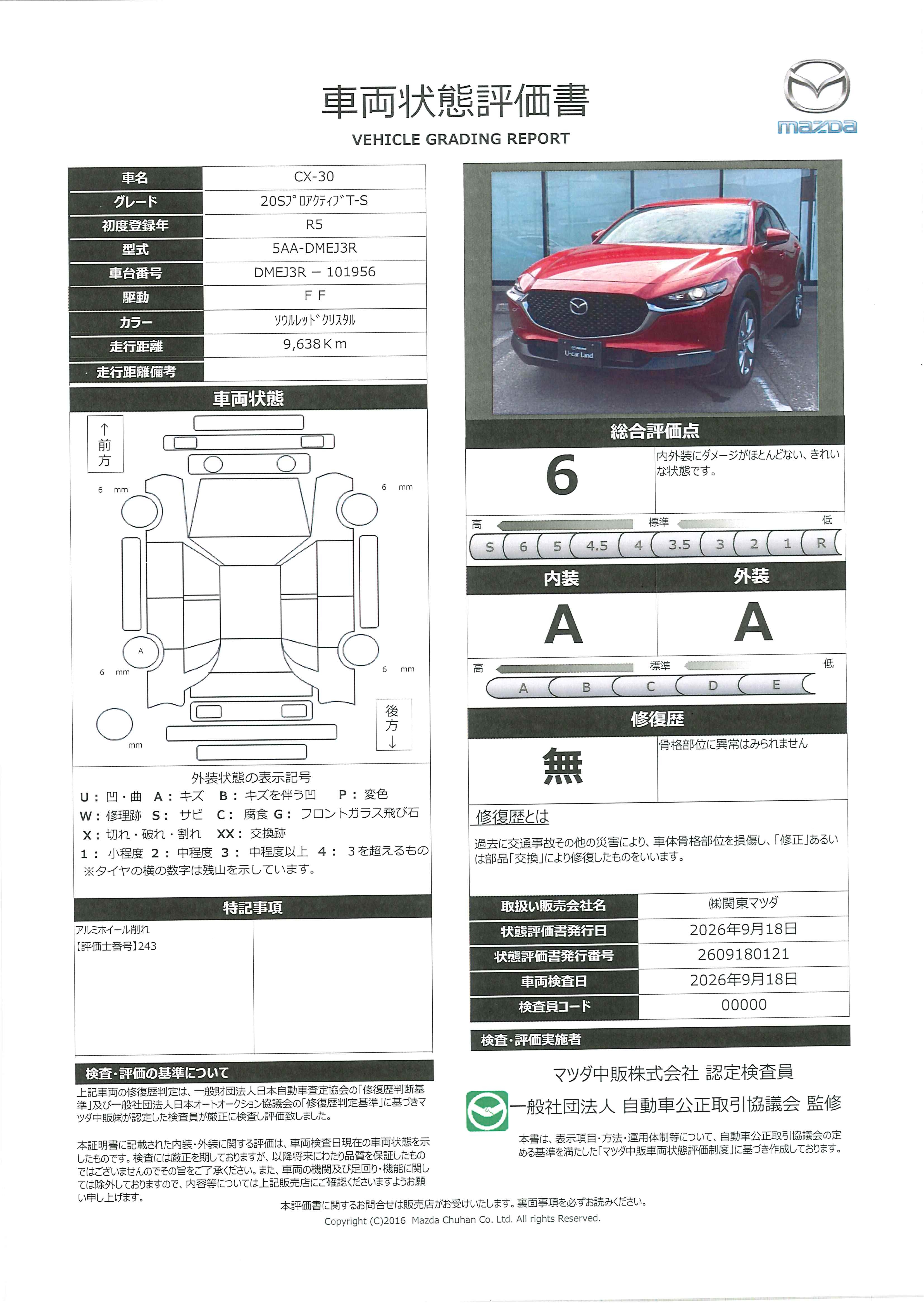 【CX-30　2.0 20S プロアクティブ ツーリングセレクション20S TRGSEL　393ri001】の車両評価書｜関東マツダ　U-CAR NET ユーカーネット