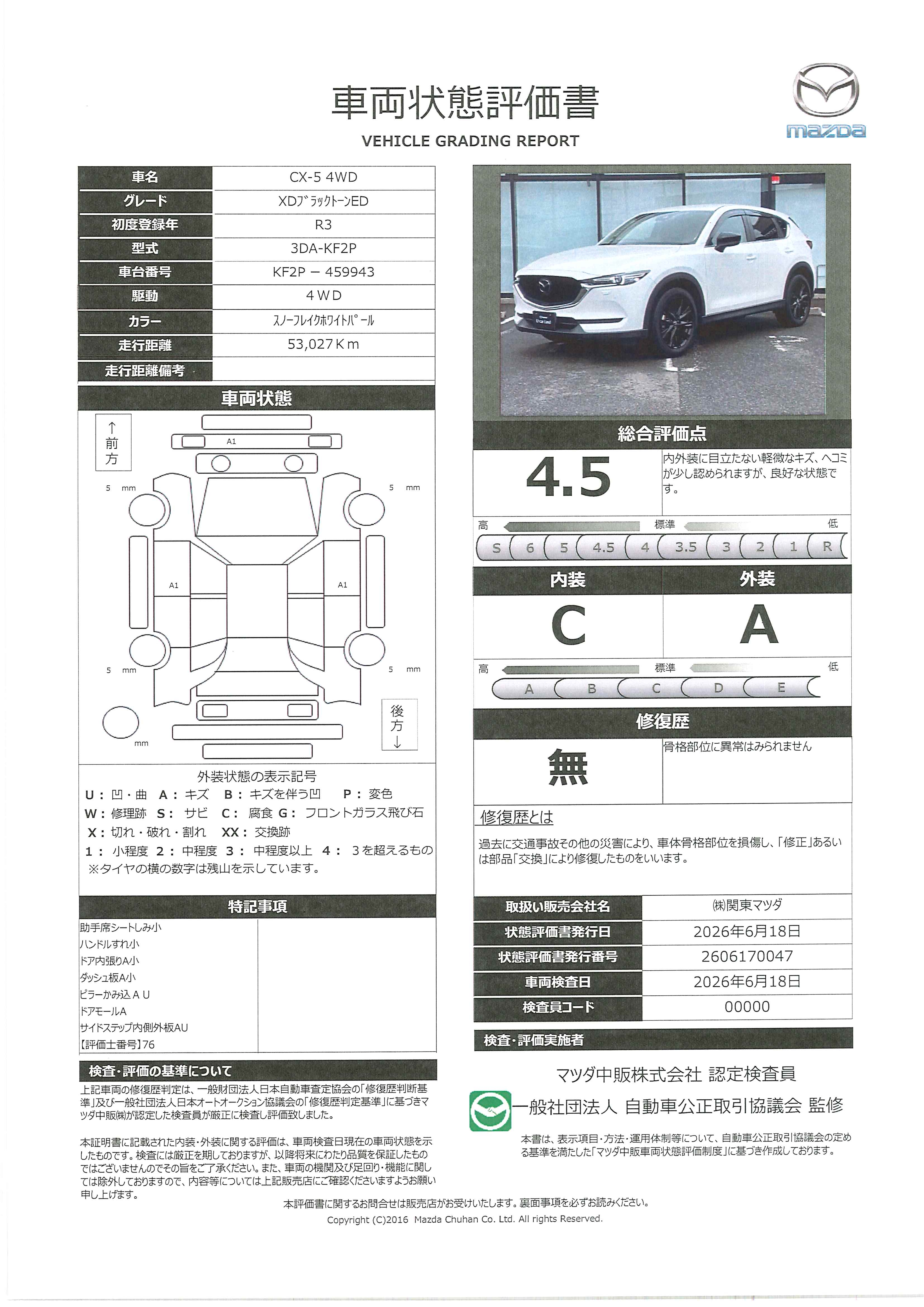 【CX-5　2.2 XD ブラックトーンエディション ディーゼルターボ 4WD10.25インチディスプレイ　２カメラドラレコ　ETC　マツダコネクトナビ　３６０°ビューモニター　390rf001】の車両評価書｜関東マツダ　U-CAR NET ユーカーネット