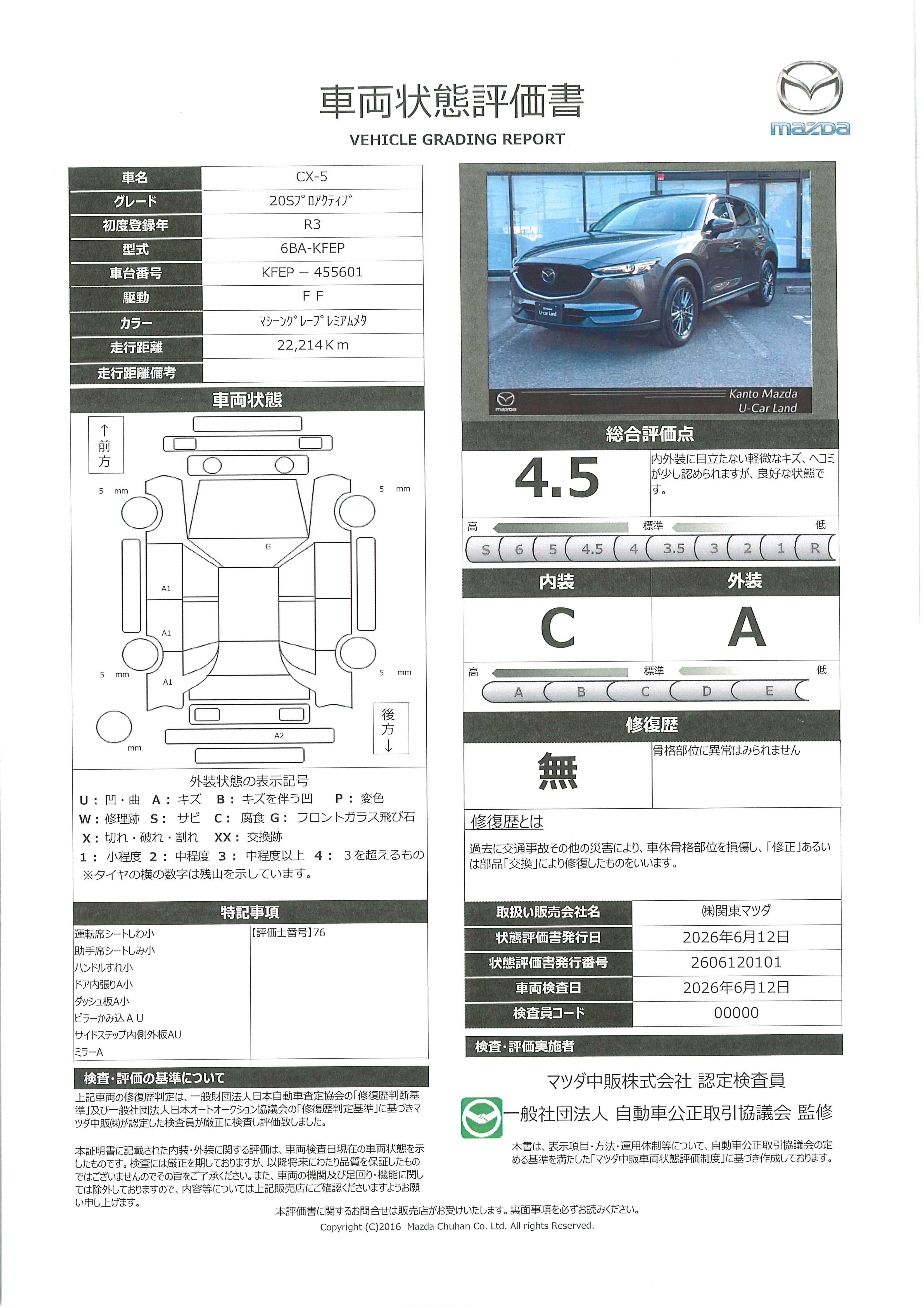 【CX-5　2.0 20S プロアクティブ10.25インチディスプレイ　360°モニター　ＥＴＣ2.0　2カメラドラレコ　マツダコネクトナビ　390rf002】の車両評価書｜関東マツダ　U-CAR NET ユーカーネット