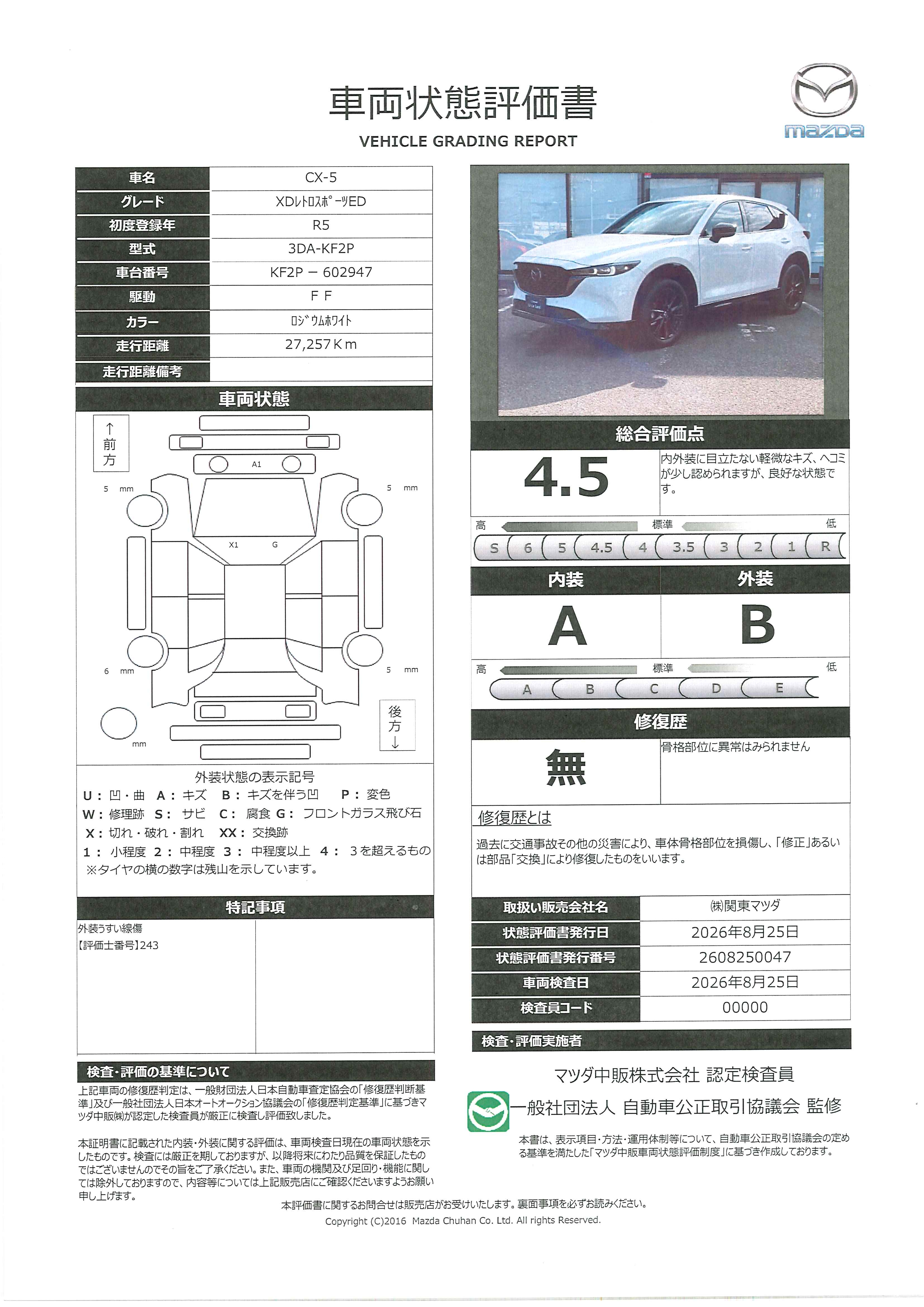 【CX-5　2.2 XD レトロスポーツエディション ディーゼルターボ　390rh004】の車両評価書｜関東マツダ　U-CAR NET ユーカーネット