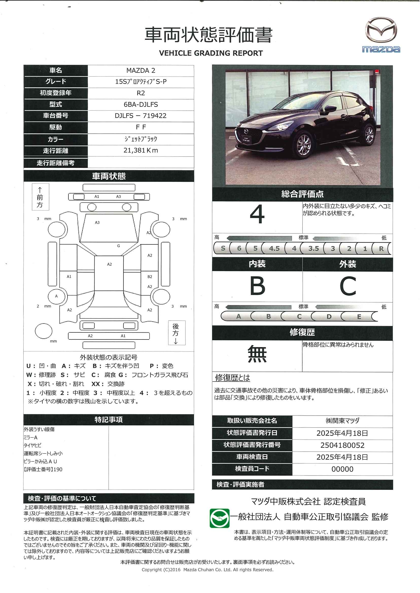 【MAZDA2　15S PROACTIV S-Package Driving Position Packageマツコネナビ 360°モニター ドラレコ ETC　446qd009】の車両評価書｜関東マツダ　U-CAR NET ユーカーネット