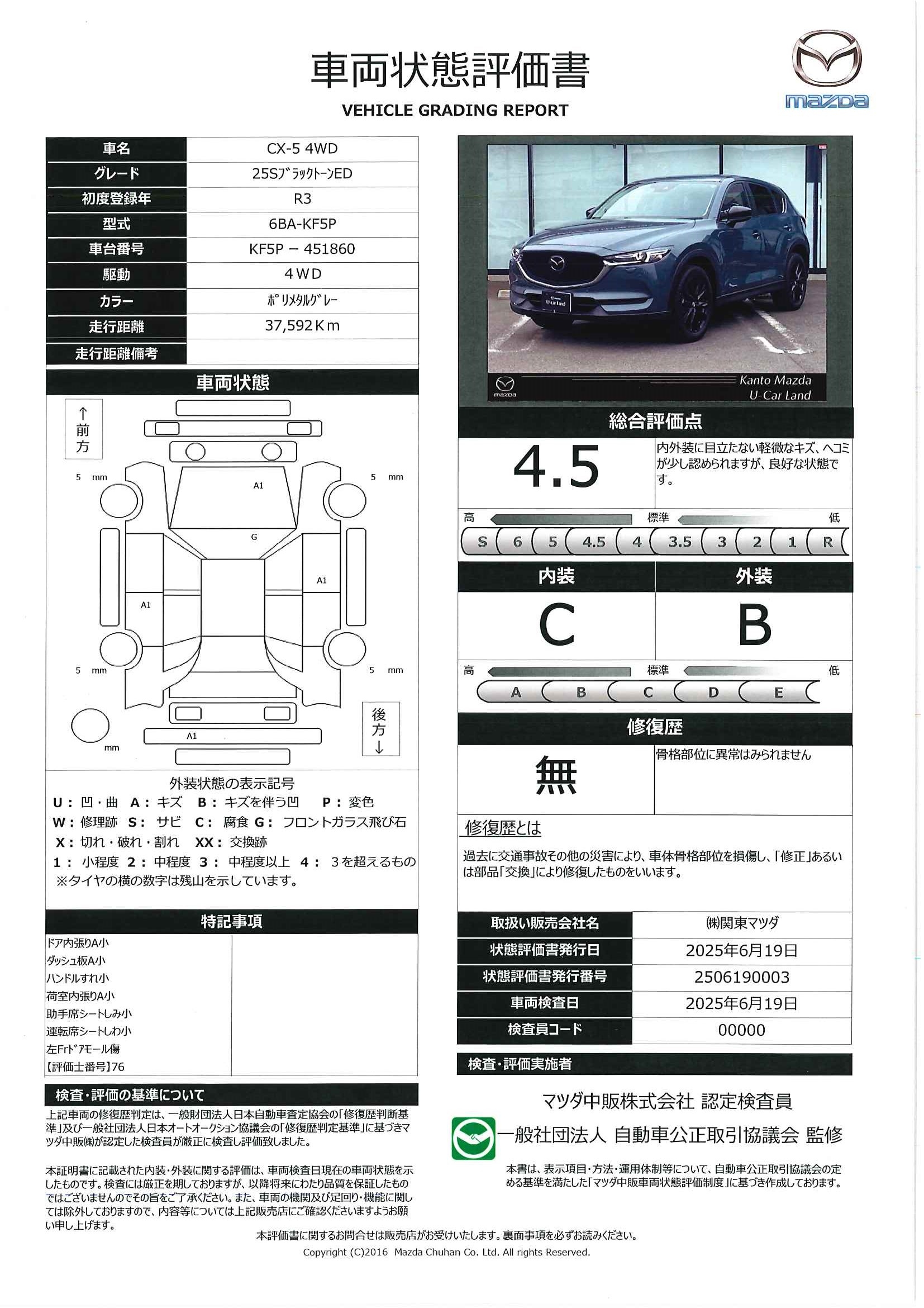【CX-5　25S ブラックトーンエディション 4WD　マツダコネクトナビ10.25インチ　360°ビューモニター　BOSEスピーカー　２カメラドライブレコーダー　光ビーコン付ETC2.0車載器　MRCC　純正19インチアルミ　衝突被害軽減ブレーキ　アク　448qf007】の車両評価書｜関東マツダ　U-CAR NET ユーカーネット
