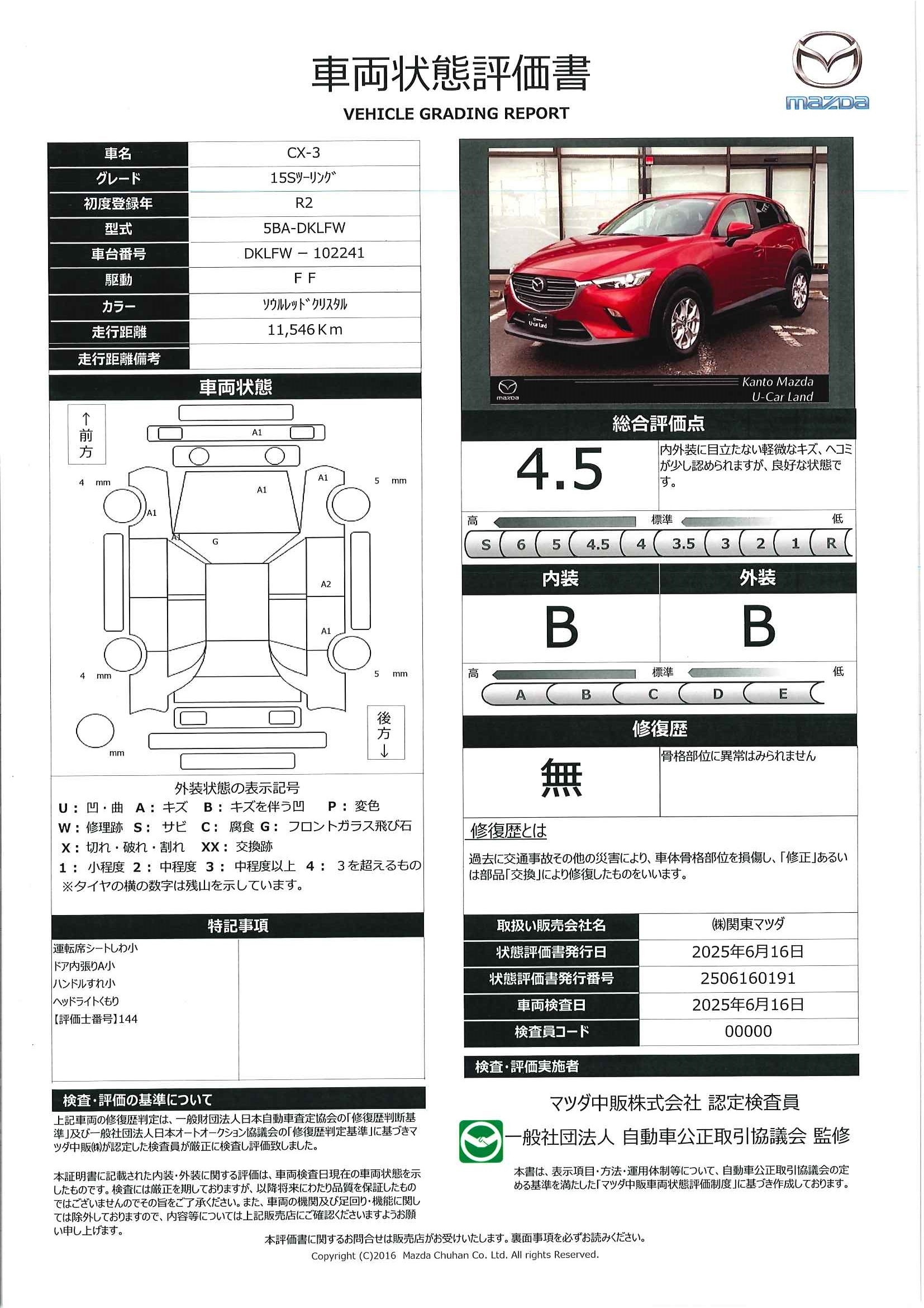 【CX-3　1.5 15S ツーリング　マツダコネクトナビ　バックモニター　2カメラドライブレコーダー　ETC1.0　AppleCarplay　LEDヘッドライト　衝突被害軽減ブレーキ　アクセル踏み間違い防止装置　448qf009】の車両評価書｜関東マツダ　U-CAR NET ユーカーネット