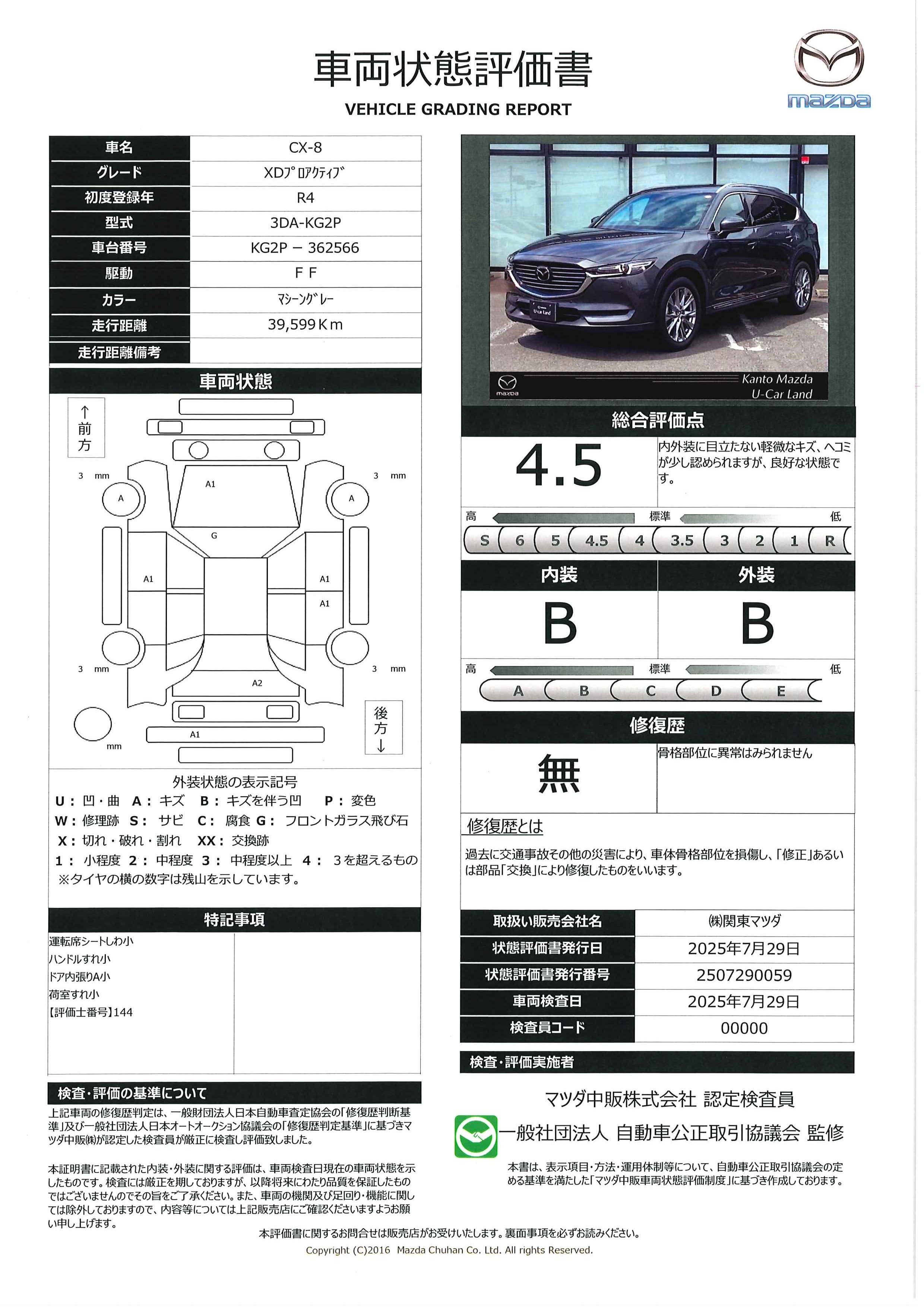 【CX-8　2.2 XD プロアクティブ ディーゼルターボ　マツダコネクトナビ　360°ビューモニター　2カメラドライブレコーダー　ETC1.0　アダプティブクルーズコントロール　衝突被害軽減ブレーキ　アクセル踏み間違い防止装置　448qg012】の車両評価書｜関東マツダ　U-CAR NET ユーカーネット
