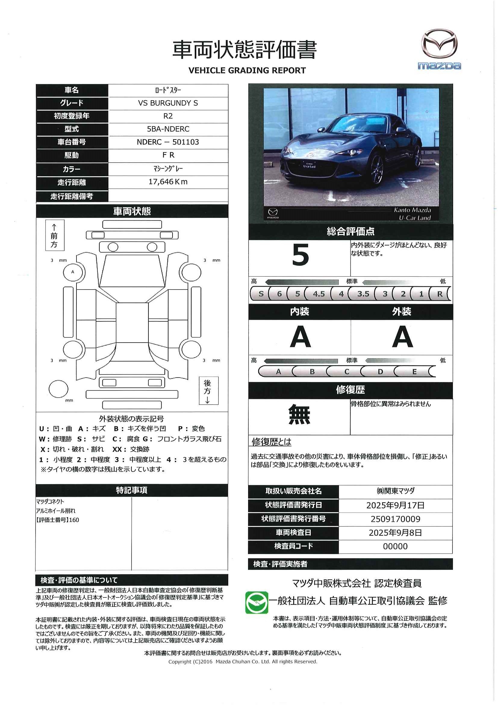 【ロードスターRF　2.0 VS バーガンディ― セレクション　6AT　7インチWVGAセンターディスプレイ　ETC　ドライブレコーダー　車線逸脱警報システム　 アドバンストスマートブレーキサポート　カープレイ対応　448qi006】の車両評価書｜関東マツダ　U-CAR NET ユーカーネット