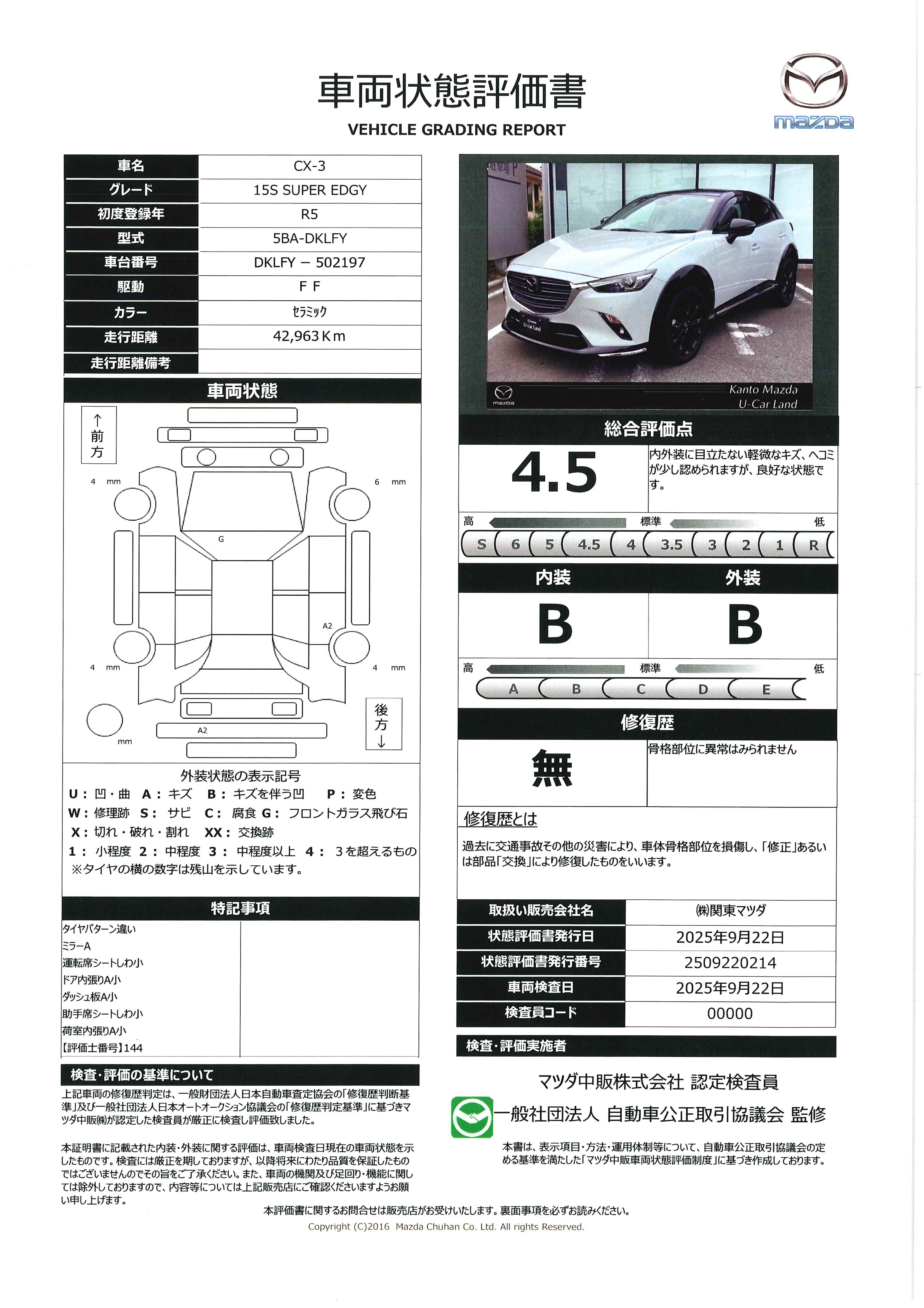 【CX-3　1.5 15S スーパー エッジー　マツダコネクトナビ　360°ビューモニター　２カメラドライブレコーダー　ETC1.0　アダプティブクルーズコントロール　アクセル踏み間違い防止装置　衝突被害軽減ブレーキ　448qi007】の車両評価書｜関東マツダ　U-CAR NET ユーカーネット