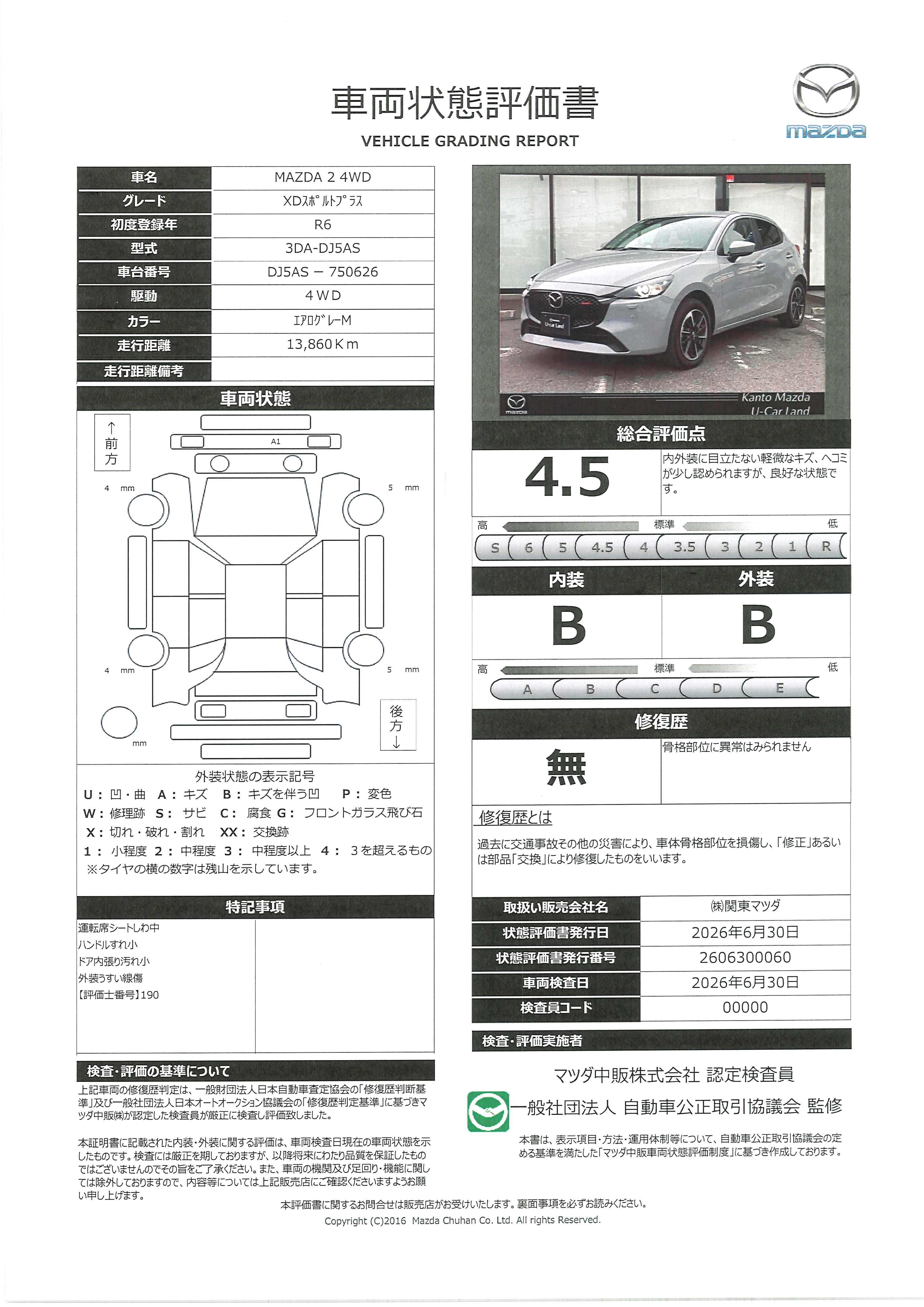 【MAZDA2　1.5 XD スポルトプラス ディーゼルターボ 4WD　メモリ―ナビ　4WD　360°モニター　2カメラドライブレコーダー　ETC2.0　MRCC　アダプティブヘッドライト　　衝突被害軽減ブレーキ　アクセル踏み間違い防止装置　448rf012】の車両評価書｜関東マツダ　U-CAR NET ユーカーネット