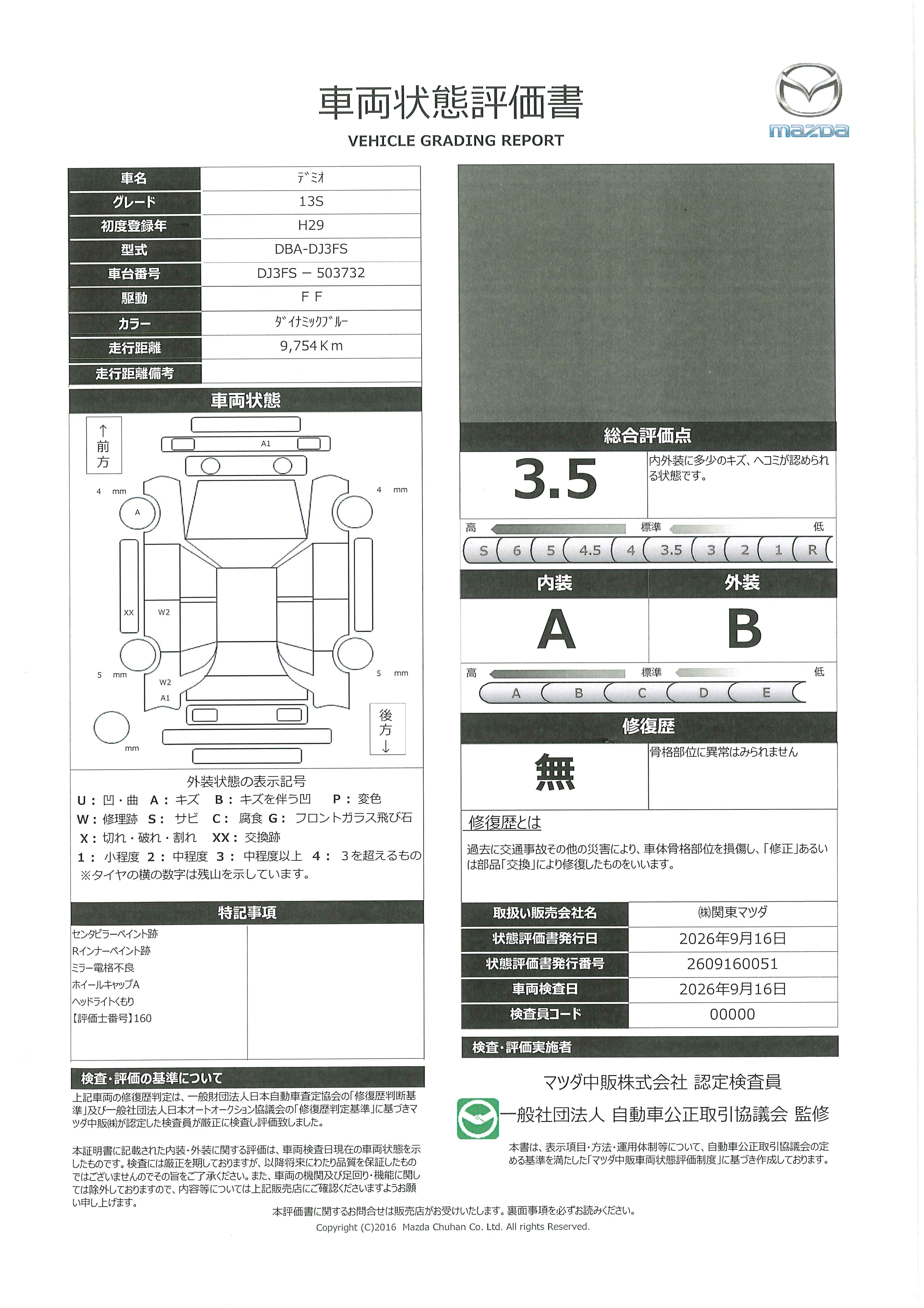 【デミオ　1.3 13S　7インチWVGAセンターディスプレイ　360度ビューモニター　ETC2.0　LEDヘッドライト　衝突安全ボディ　アクセル踏み間違い防止装置　車線逸脱警報システム　448ri016】の車両評価書｜関東マツダ　U-CAR NET ユーカーネット