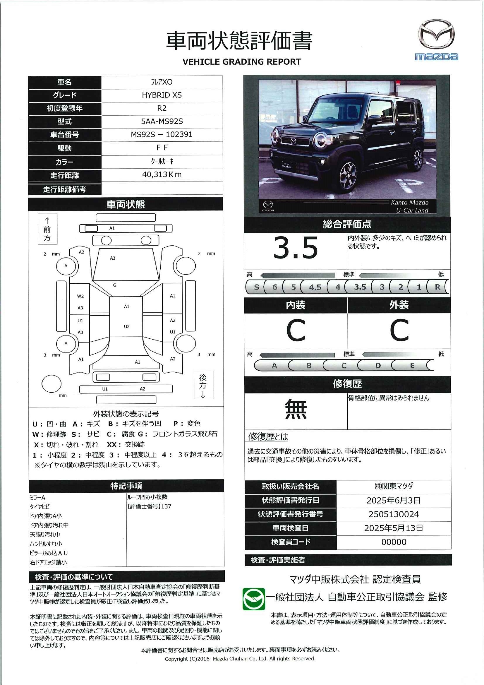 【フレアクロスオーバー　660 ハイブリッド XSメモリーナビ　360度カメラ　ＥＴＣ　運転席助手席シートヒーター　純正アルミ　449qe005】の車両評価書｜関東マツダ　U-CAR NET ユーカーネット